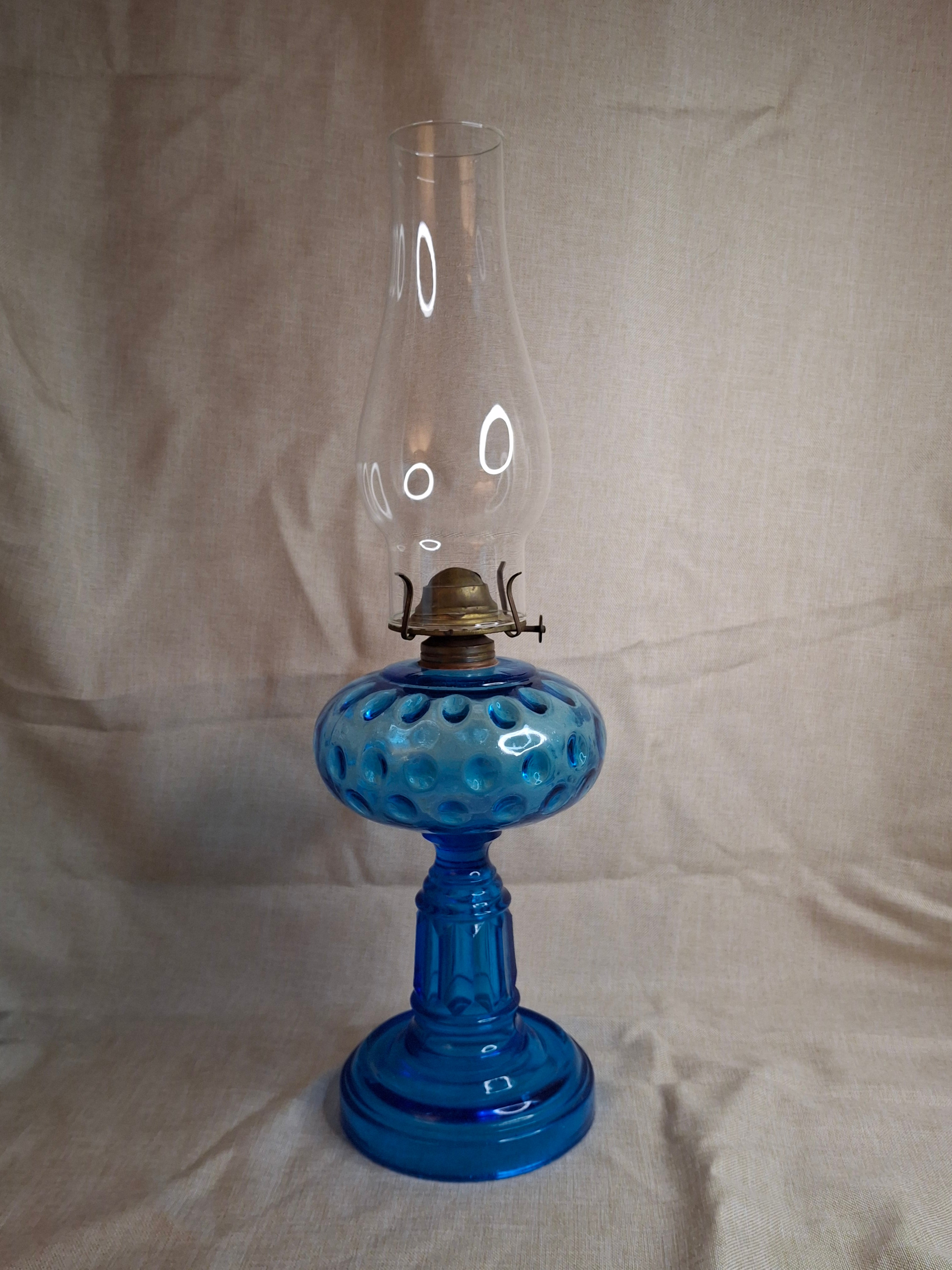 Antique Victorian Blue Opalescent Coin Dot Kerosene Oil Lamp, c. 1890, Original