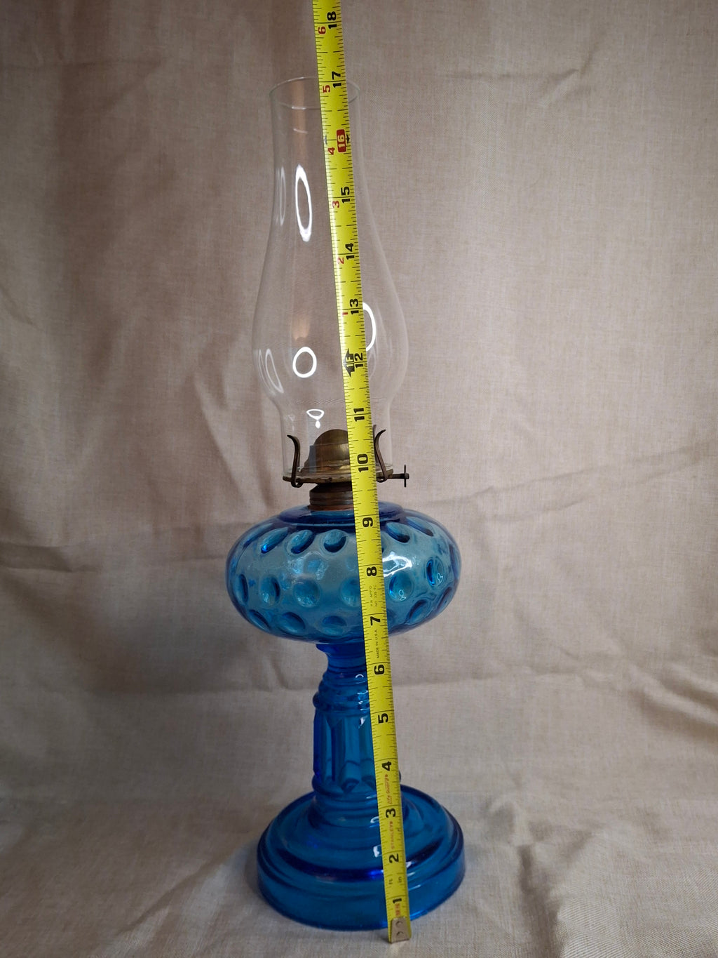 Antique Victorian Blue Opalescent Coin Dot Kerosene Oil Lamp, c. 1890, Original