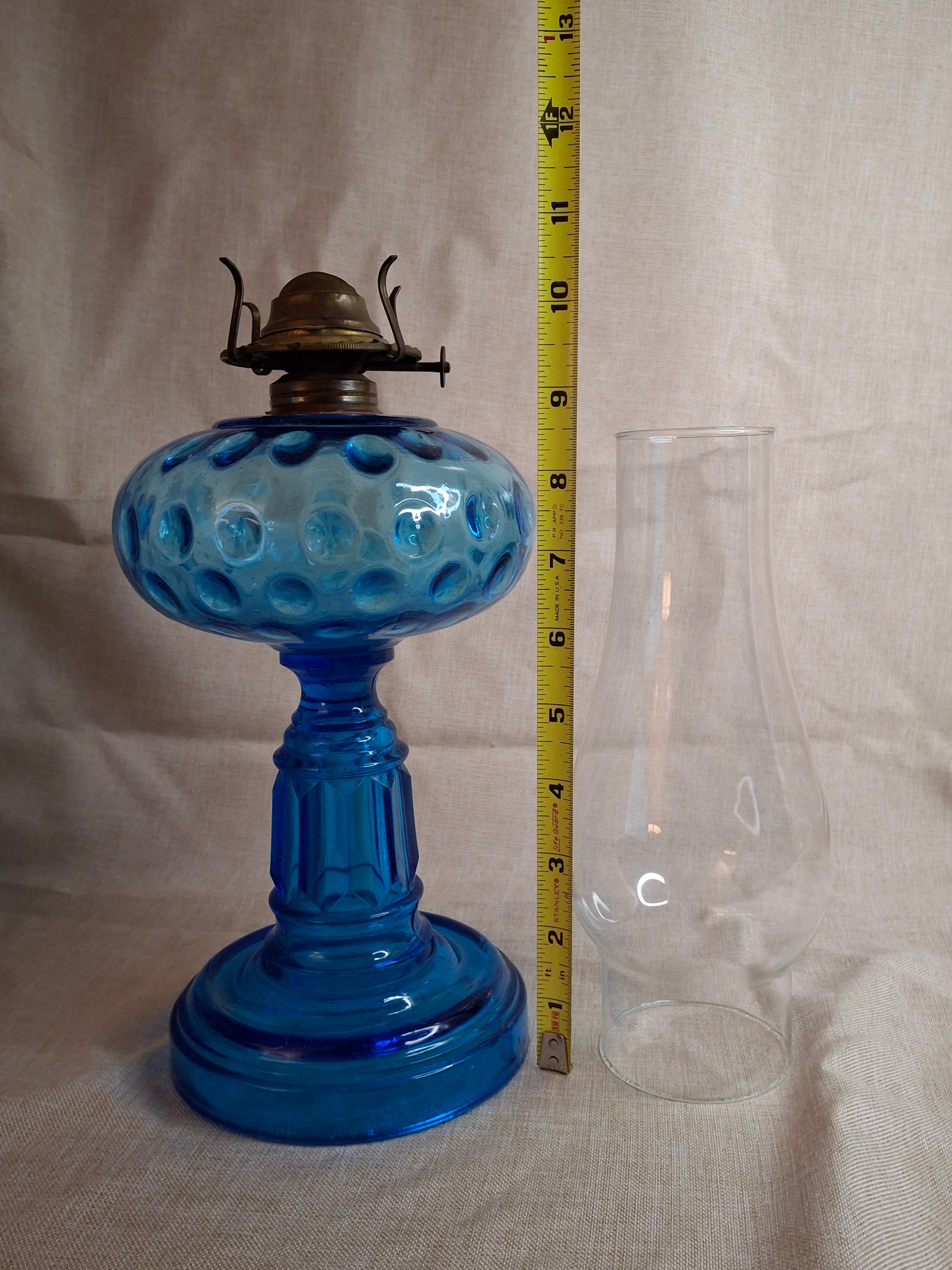 Antique Victorian Blue Opalescent Coin Dot Kerosene Oil Lamp, c. 1890, Original