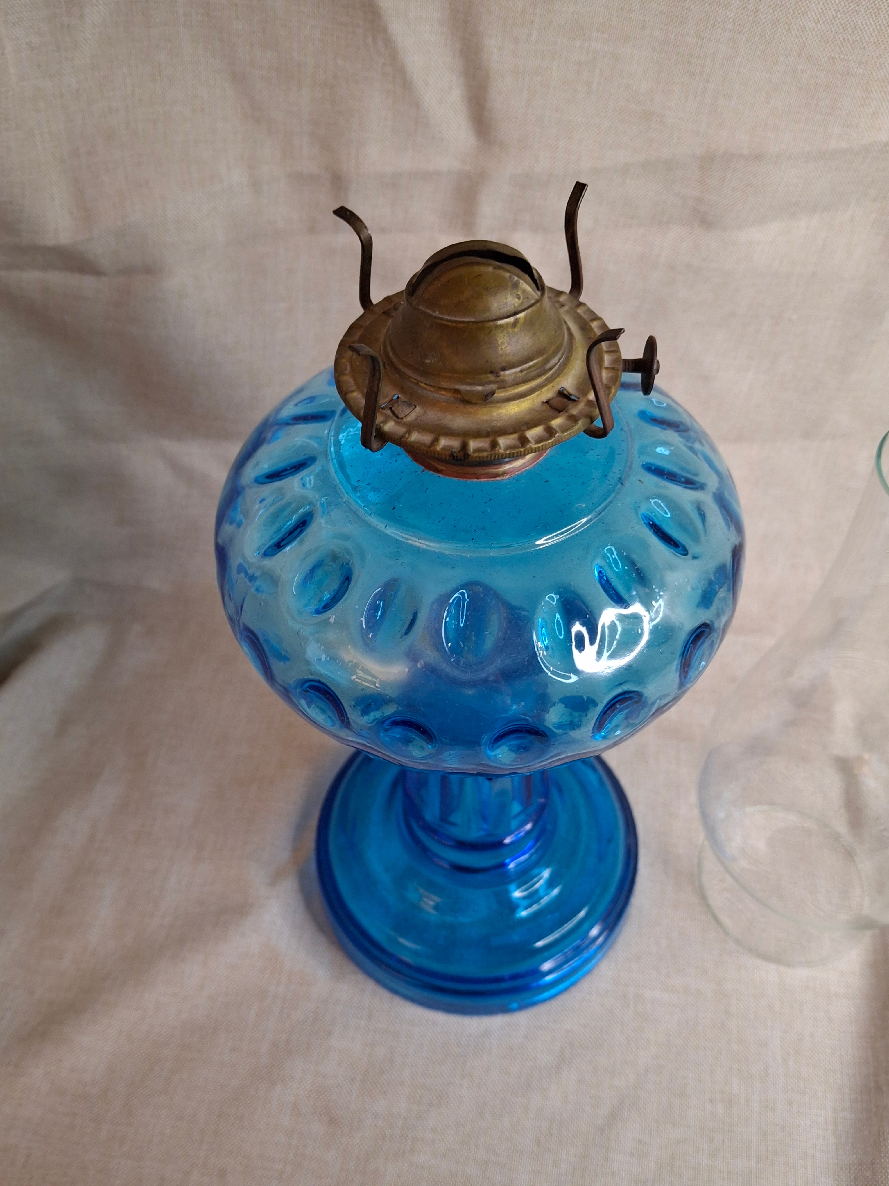 Antique Victorian Blue Opalescent Coin Dot Kerosene Oil Lamp, c. 1890, Original