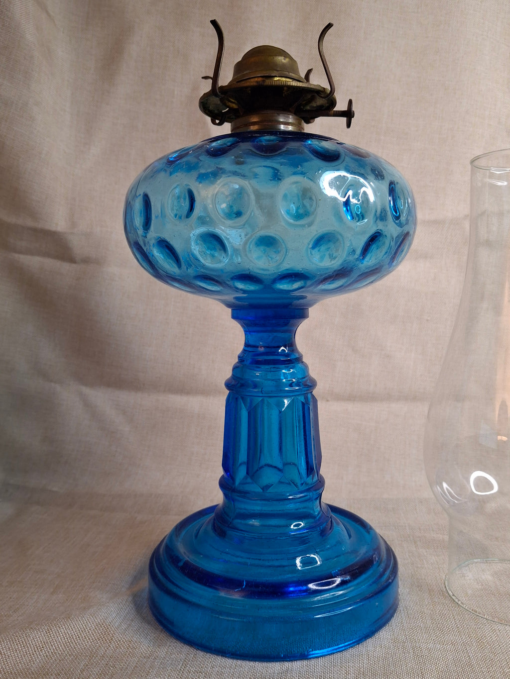 Antique Victorian Blue Opalescent Coin Dot Kerosene Oil Lamp, c. 1890, Original