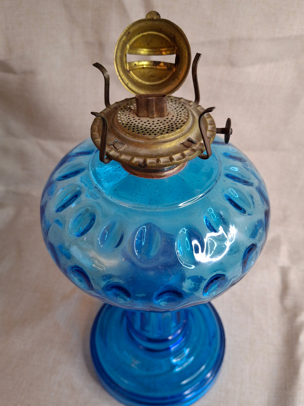 Antique Victorian Blue Opalescent Coin Dot Kerosene Oil Lamp, c. 1890, Original