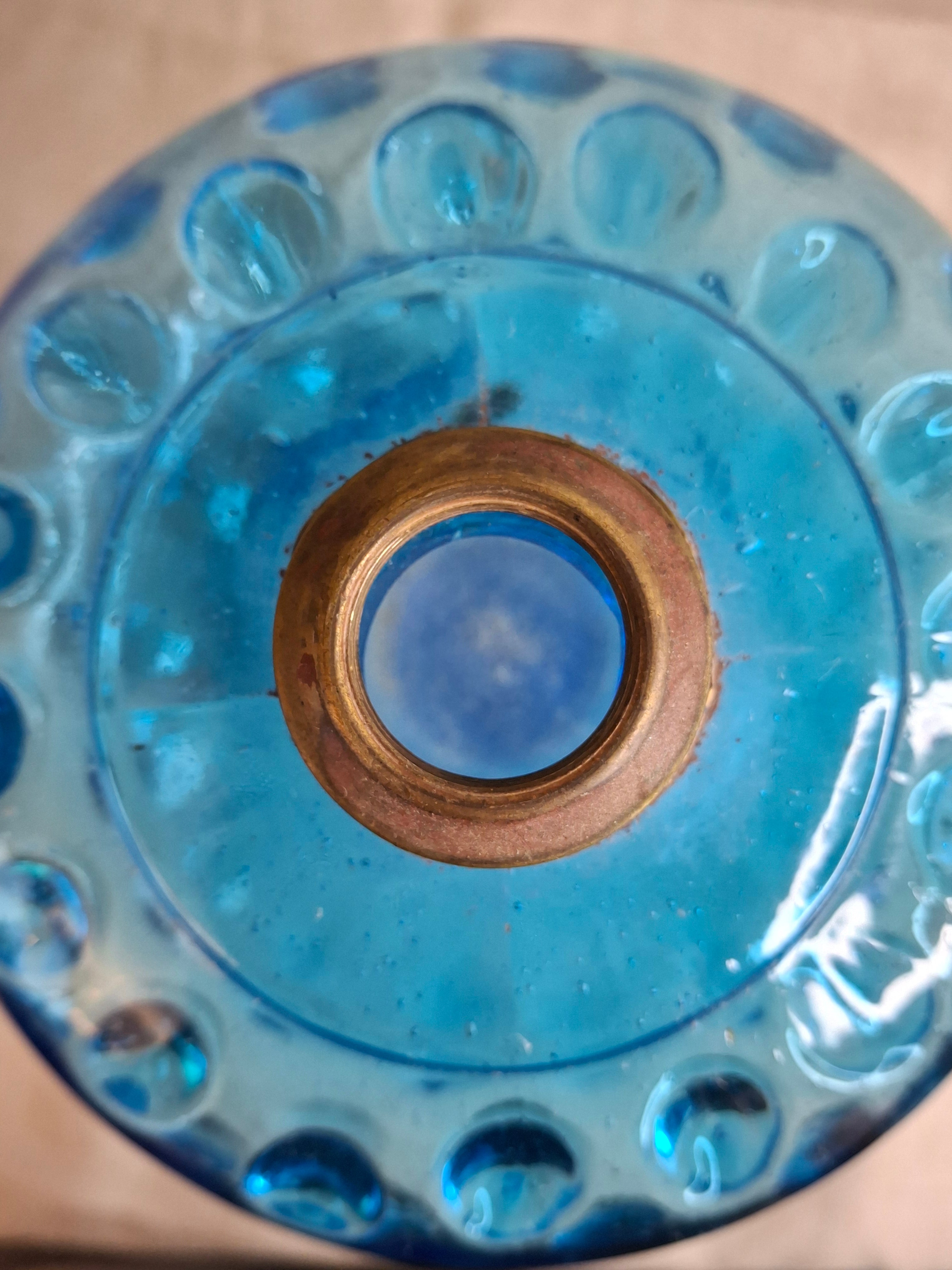 Antique Victorian Blue Opalescent Coin Dot Kerosene Oil Lamp, c. 1890, Original
