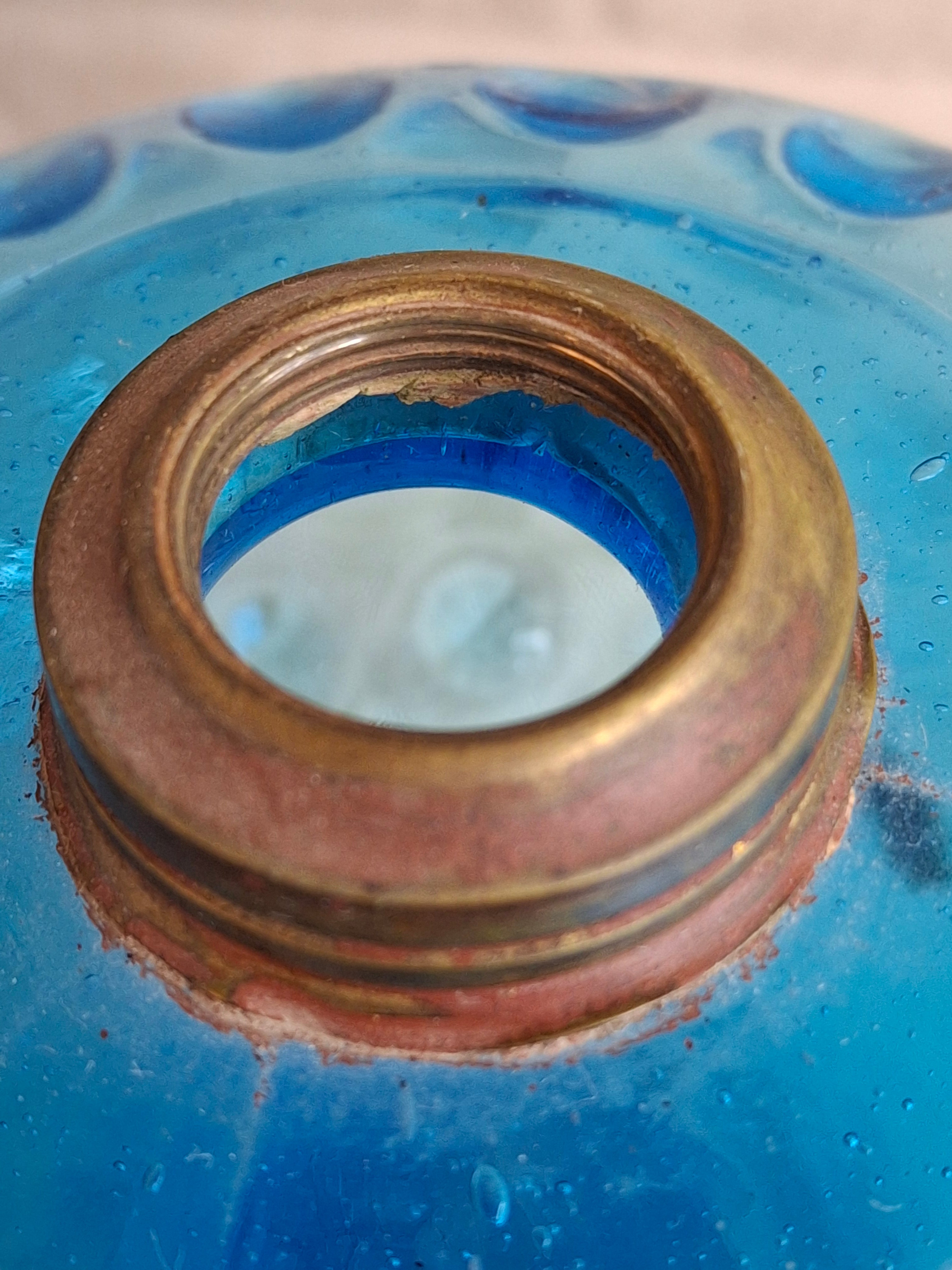 Antique Victorian Blue Opalescent Coin Dot Kerosene Oil Lamp, c. 1890, Original