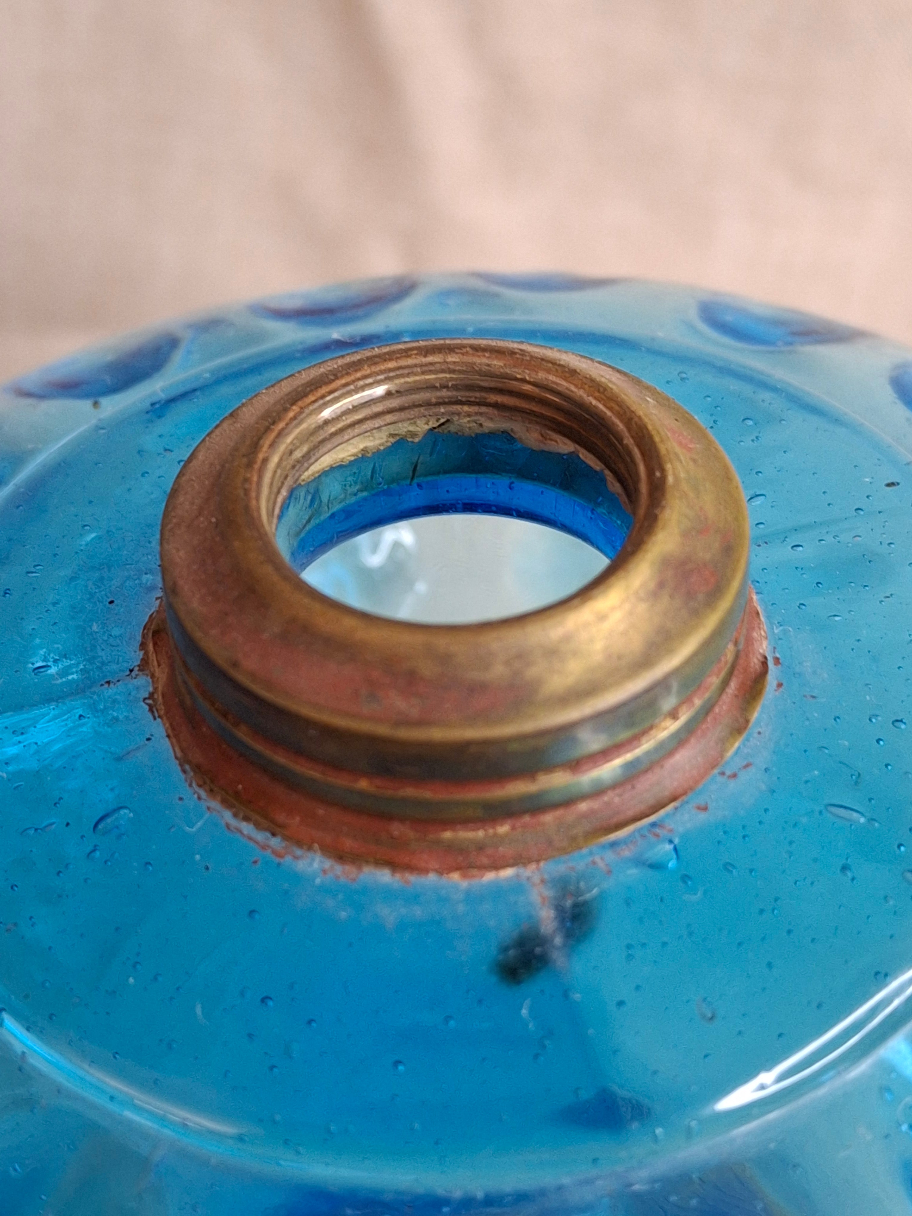 Antique Victorian Blue Opalescent Coin Dot Kerosene Oil Lamp, c. 1890, Original