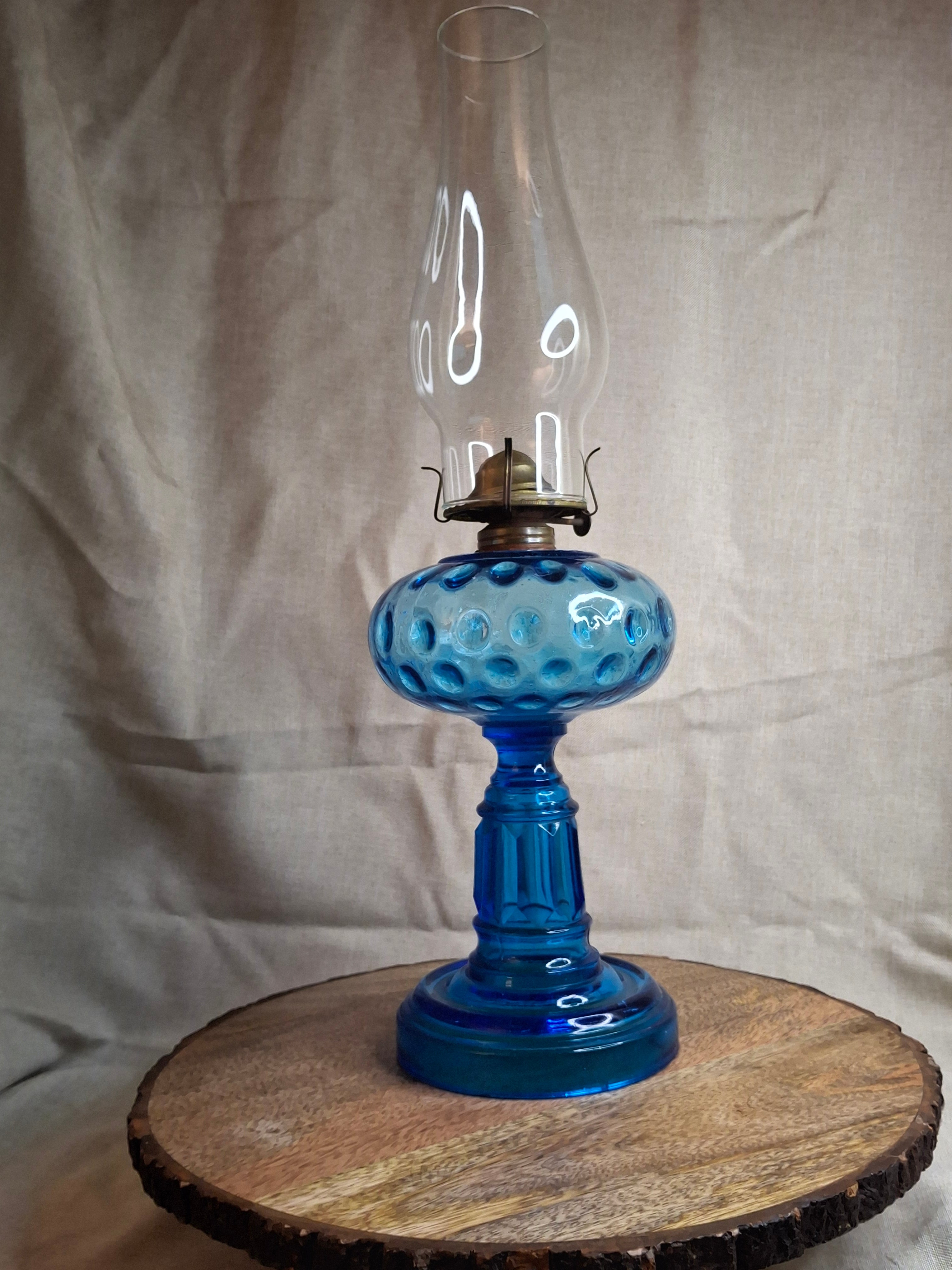Antique Victorian Blue Opalescent Coin Dot Kerosene Oil Lamp, c. 1890, Original