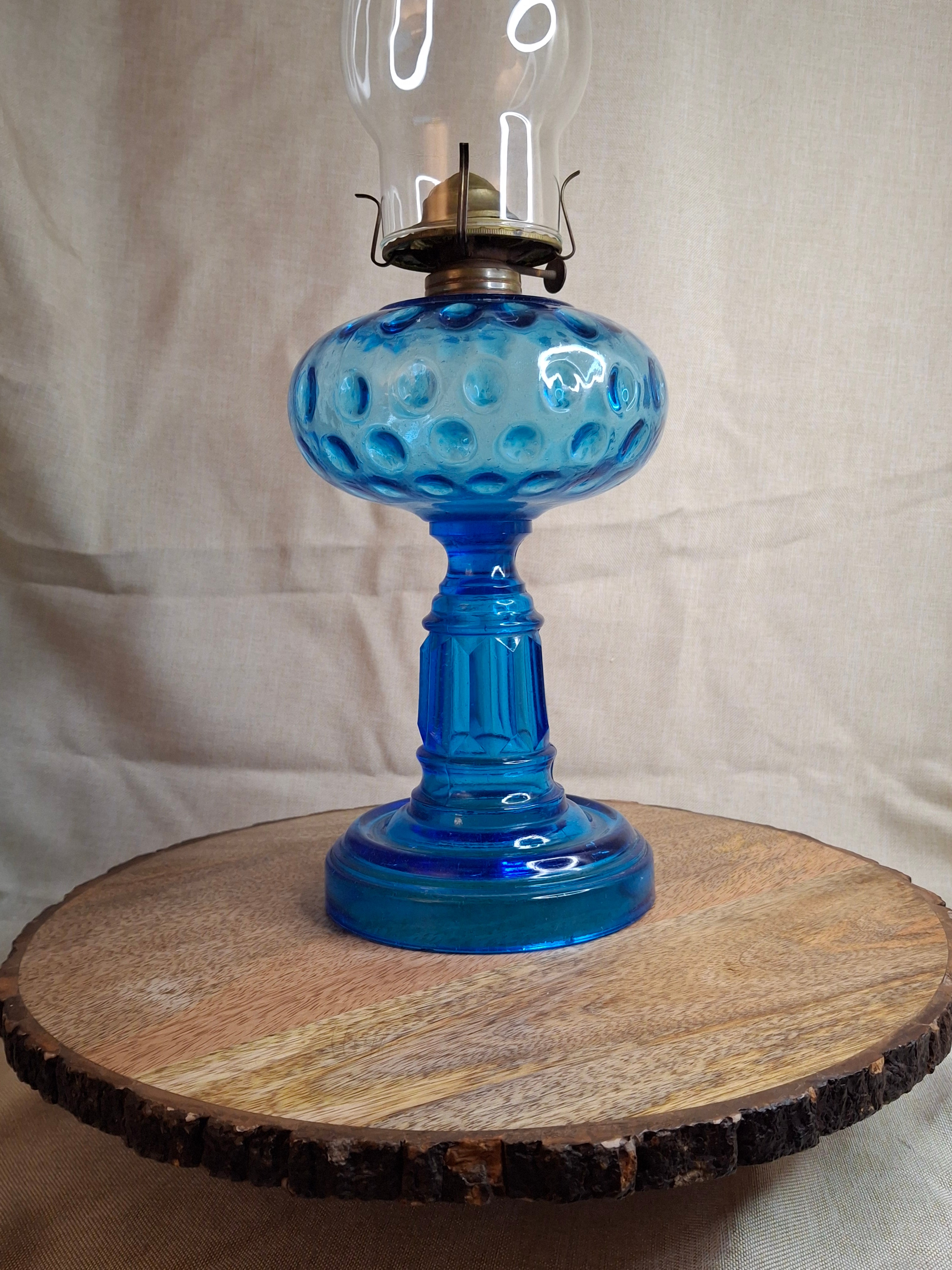 Antique Victorian Blue Opalescent Coin Dot Kerosene Oil Lamp, c. 1890, Original