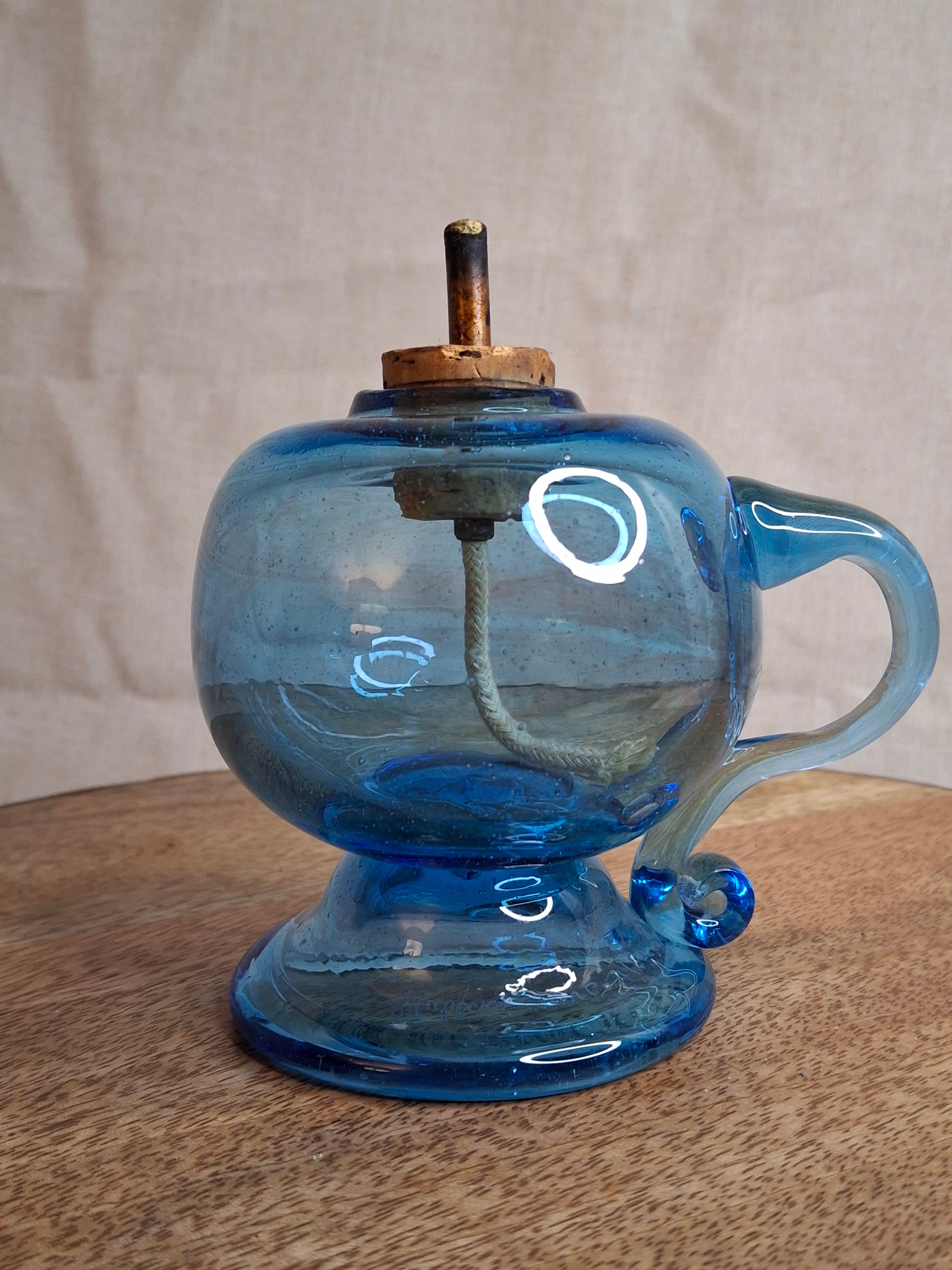 F. Steubens Hand Blown Blue Glass Sparking Lamp Cork Burner Signed 1987 WVC