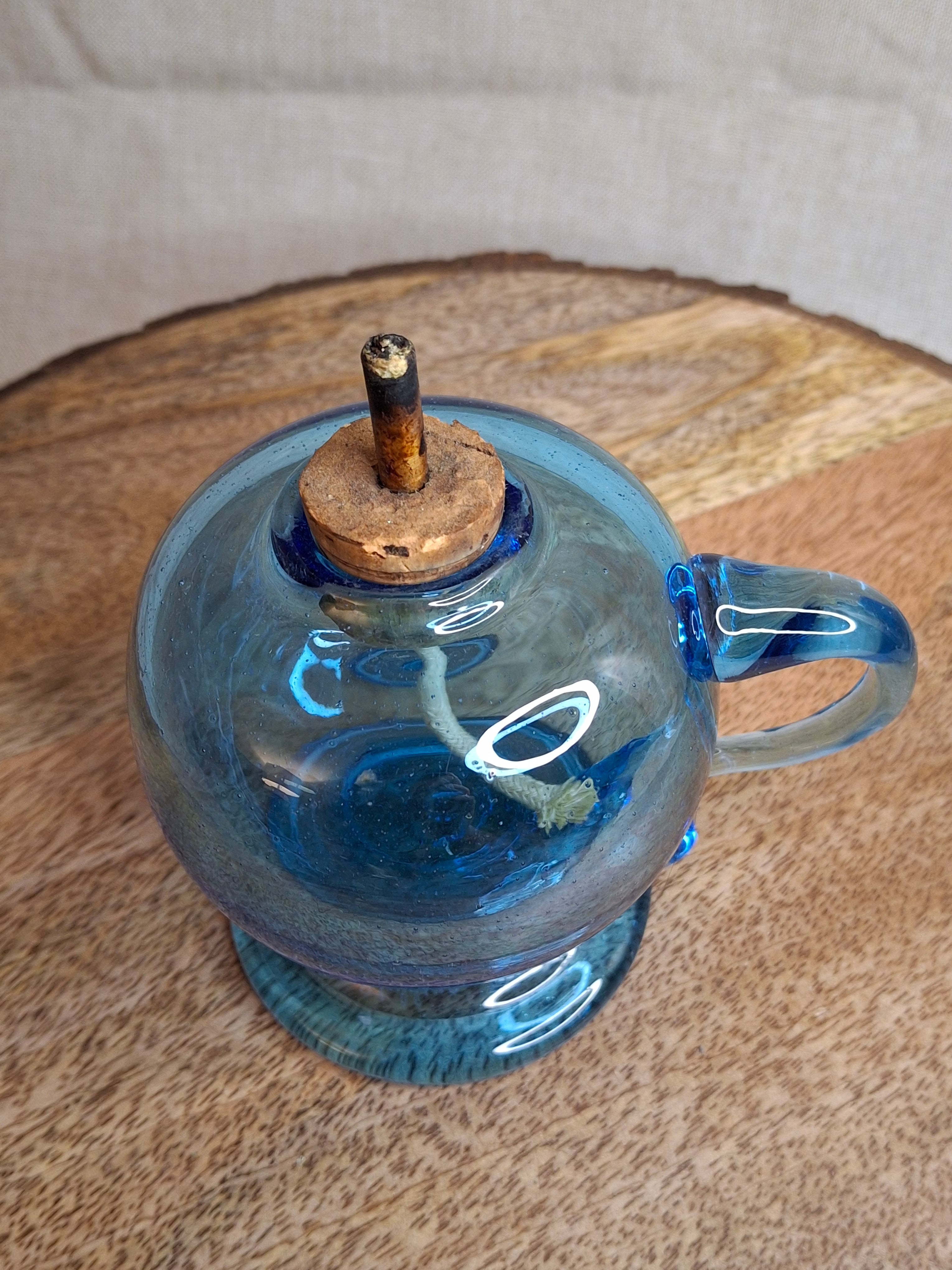 F. Steubens Hand Blown Blue Glass Sparking Lamp Cork Burner Signed 1987 WVC