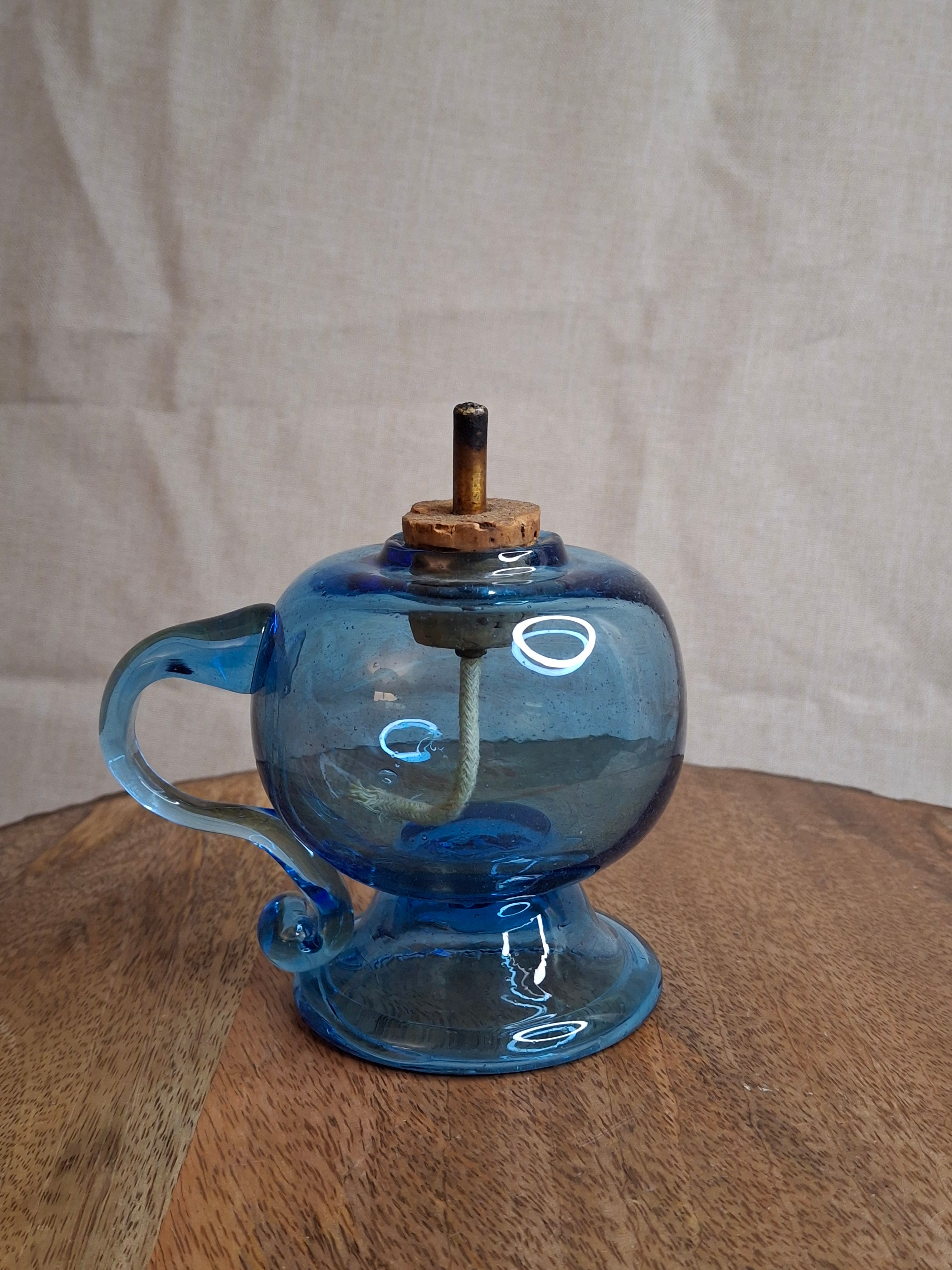F. Steubens Hand Blown Blue Glass Sparking Lamp Cork Burner Signed 1987 WVC