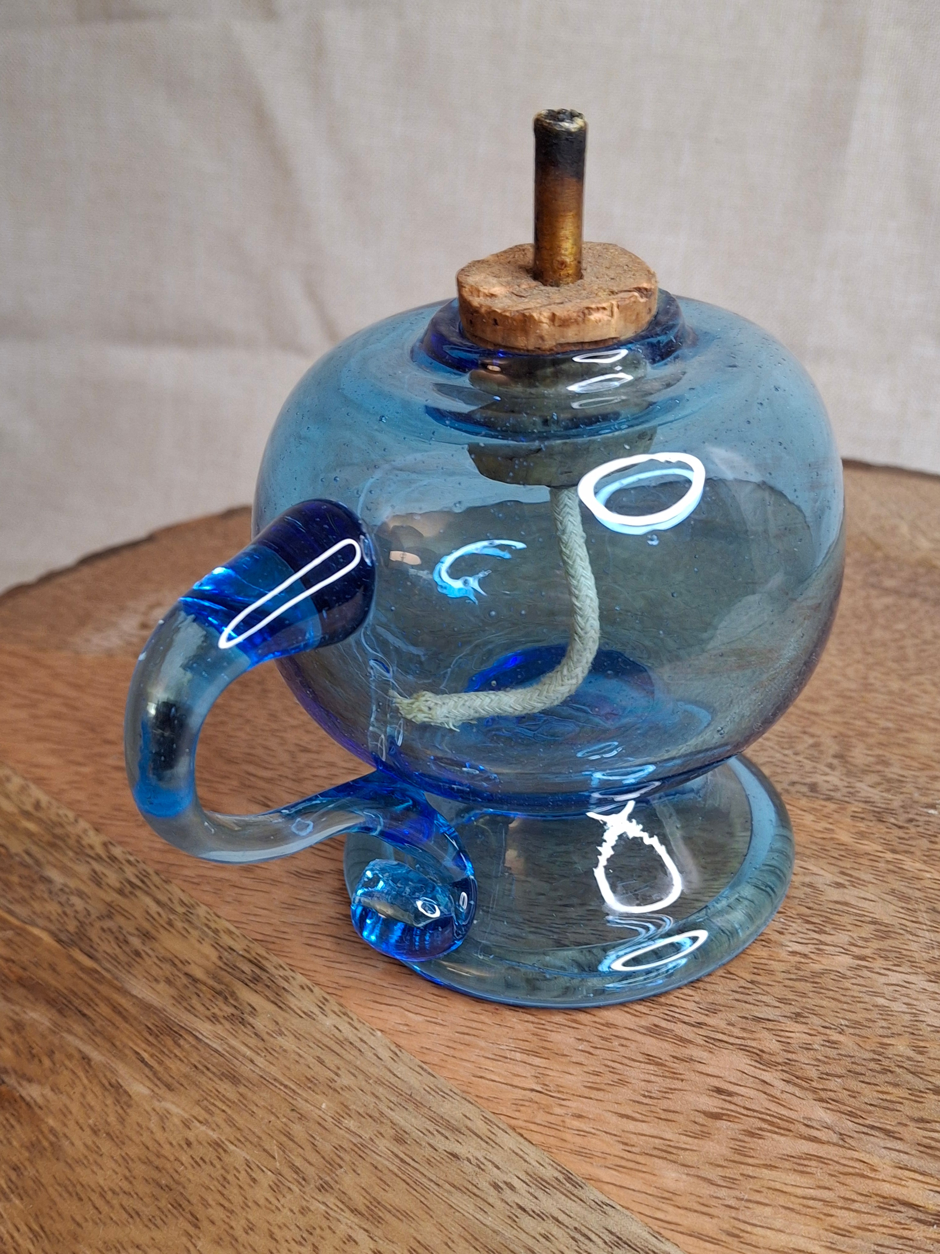 F. Steubens Hand Blown Blue Glass Sparking Lamp Cork Burner Signed 1987 WVC