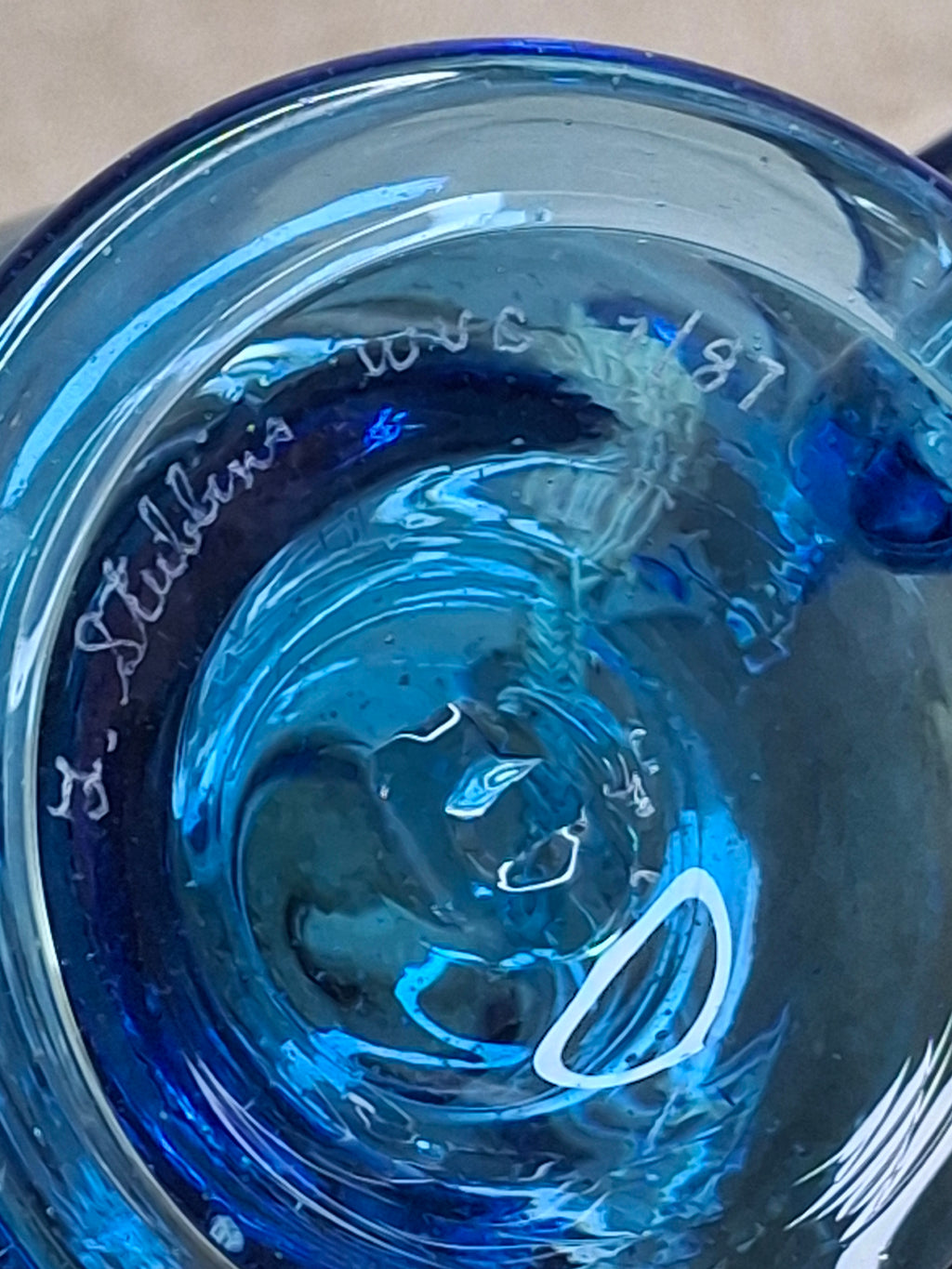 F. Steubens Hand Blown Blue Glass Sparking Lamp Cork Burner Signed 1987 WVC
