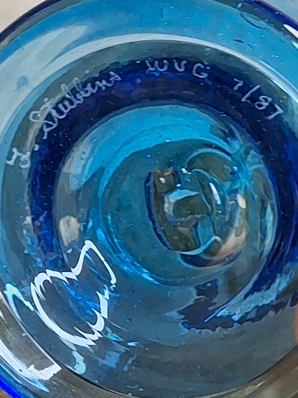 F. Steubens Hand Blown Blue Glass Sparking Lamp Cork Burner Signed 1987 WVC