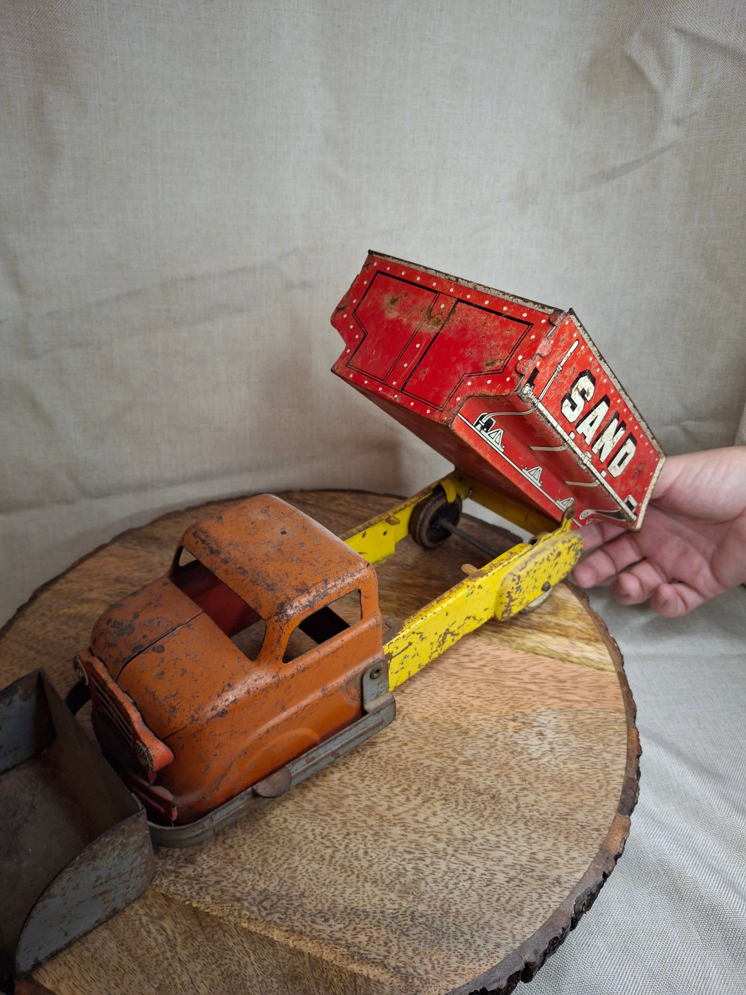 Vintage 1940s-1950s Marx Tin Litho Sand & Gravel Dump Truck with Plow - USA Made