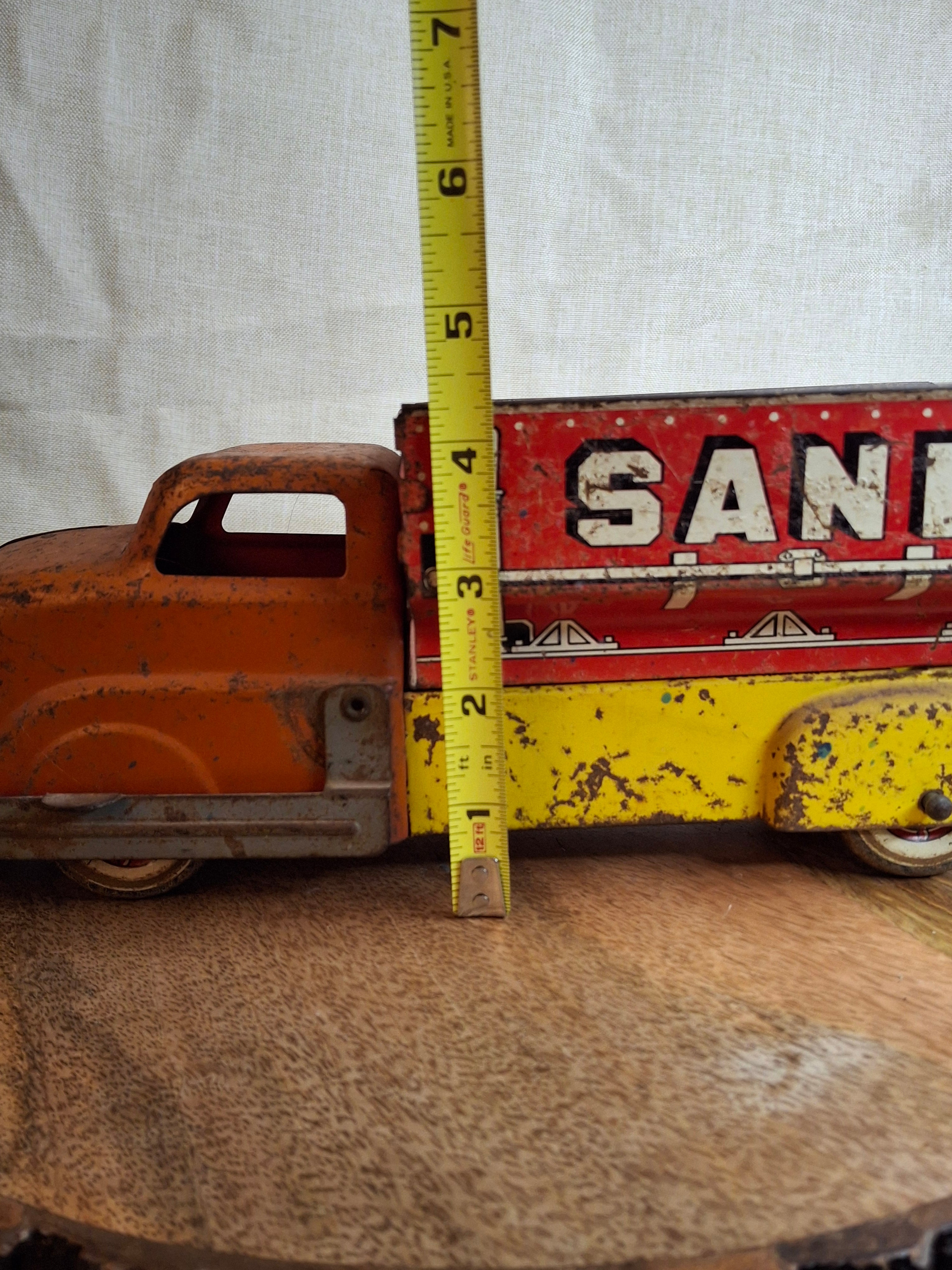 Vintage 1940s-1950s Marx Tin Litho Sand & Gravel Dump Truck with Plow - USA Made