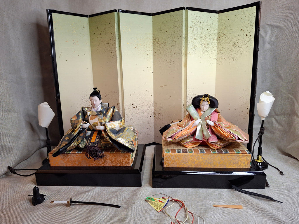 Vintage Japanese Hinamatsuri Doll Set Sanwa Doll Co Shizuoka Emperor Empress Hina-Ningyo with Folding Screen & Accessories