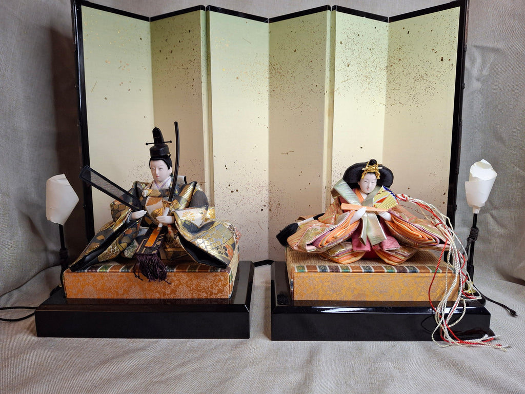Vintage Japanese Hinamatsuri Doll Set Sanwa Doll Co Shizuoka Emperor Empress Hina-Ningyo with Folding Screen & Accessories