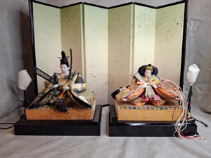 Vintage Japanese Hinamatsuri Doll Set Sanwa Doll Co Shizuoka Emperor Empress Hina-Ningyo with Folding Screen & Accessories