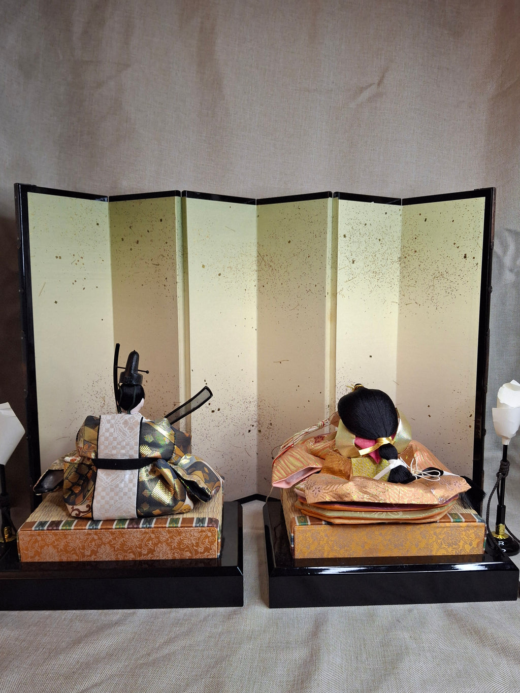 Vintage Japanese Hinamatsuri Doll Set Sanwa Doll Co Shizuoka Emperor Empress Hina-Ningyo with Folding Screen & Accessories