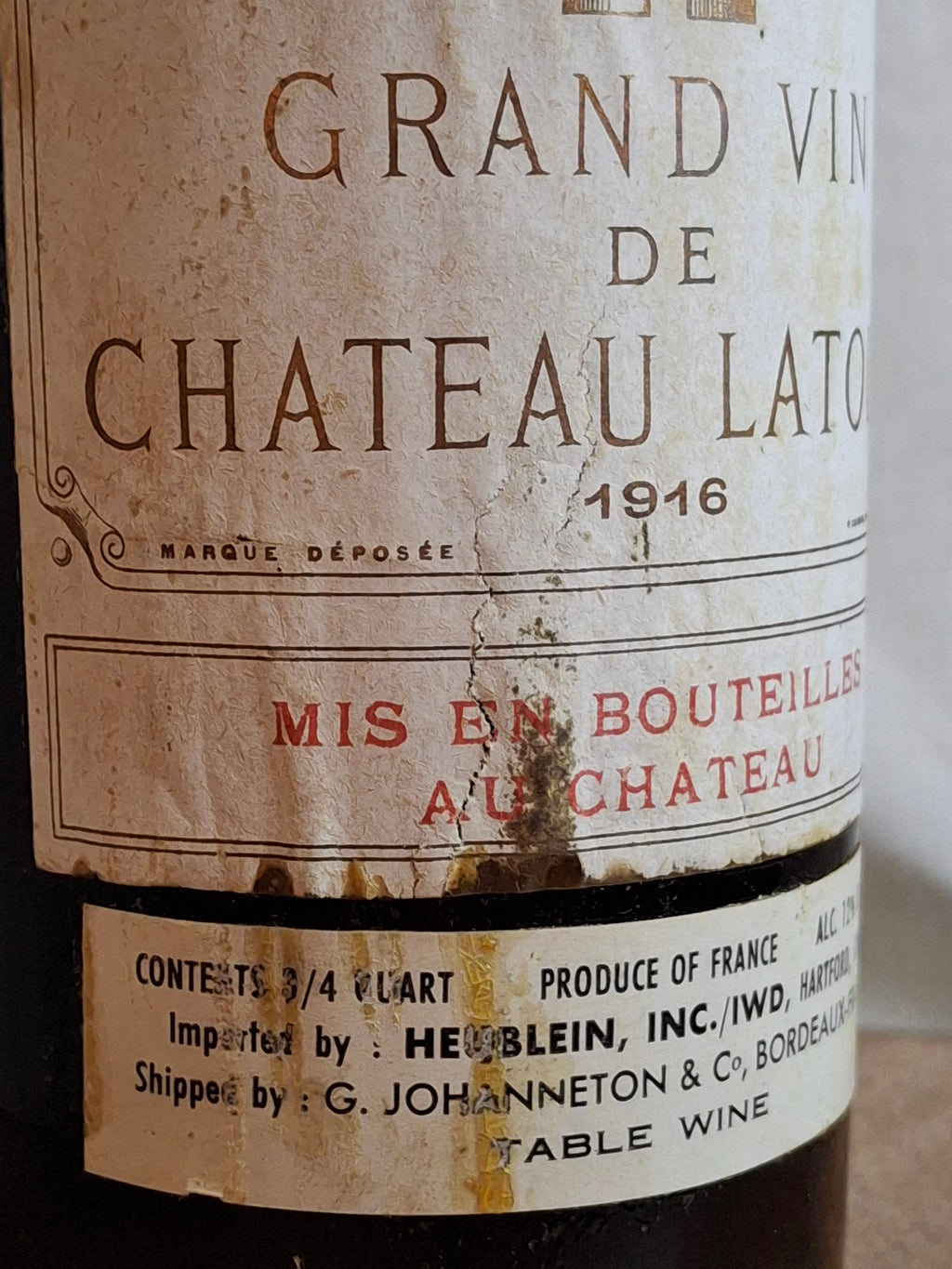 Antique 1916 Chateau Latour Empty Wine Bottle - Rare Heublein Auction Import Strip