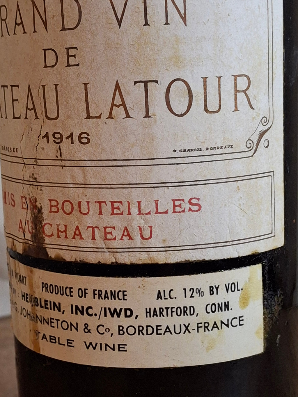Antique 1916 Chateau Latour Empty Wine Bottle - Rare Heublein Auction Import Strip