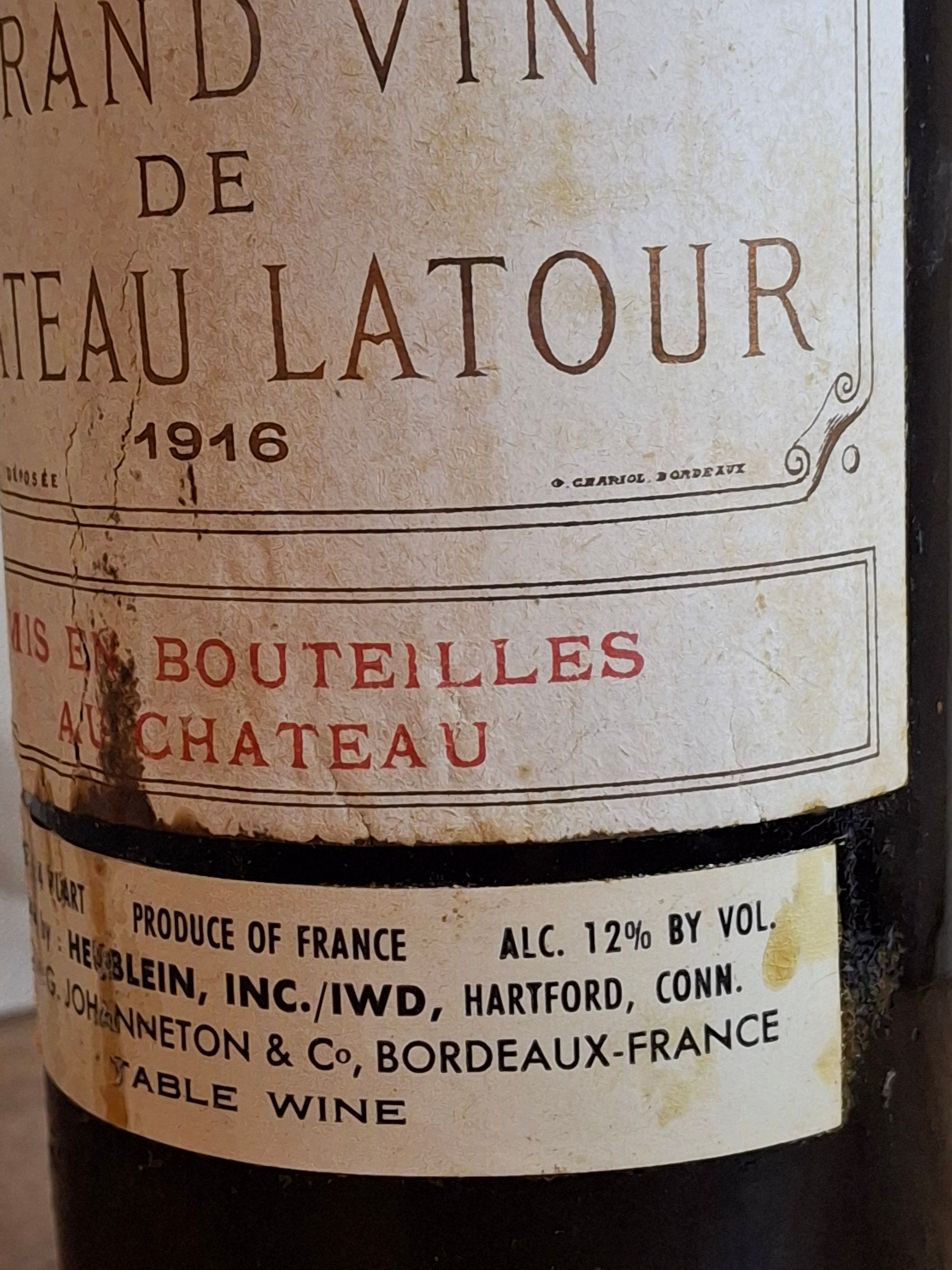 Antique 1916 Chateau Latour Empty Wine Bottle - Rare Heublein Auction Import Strip