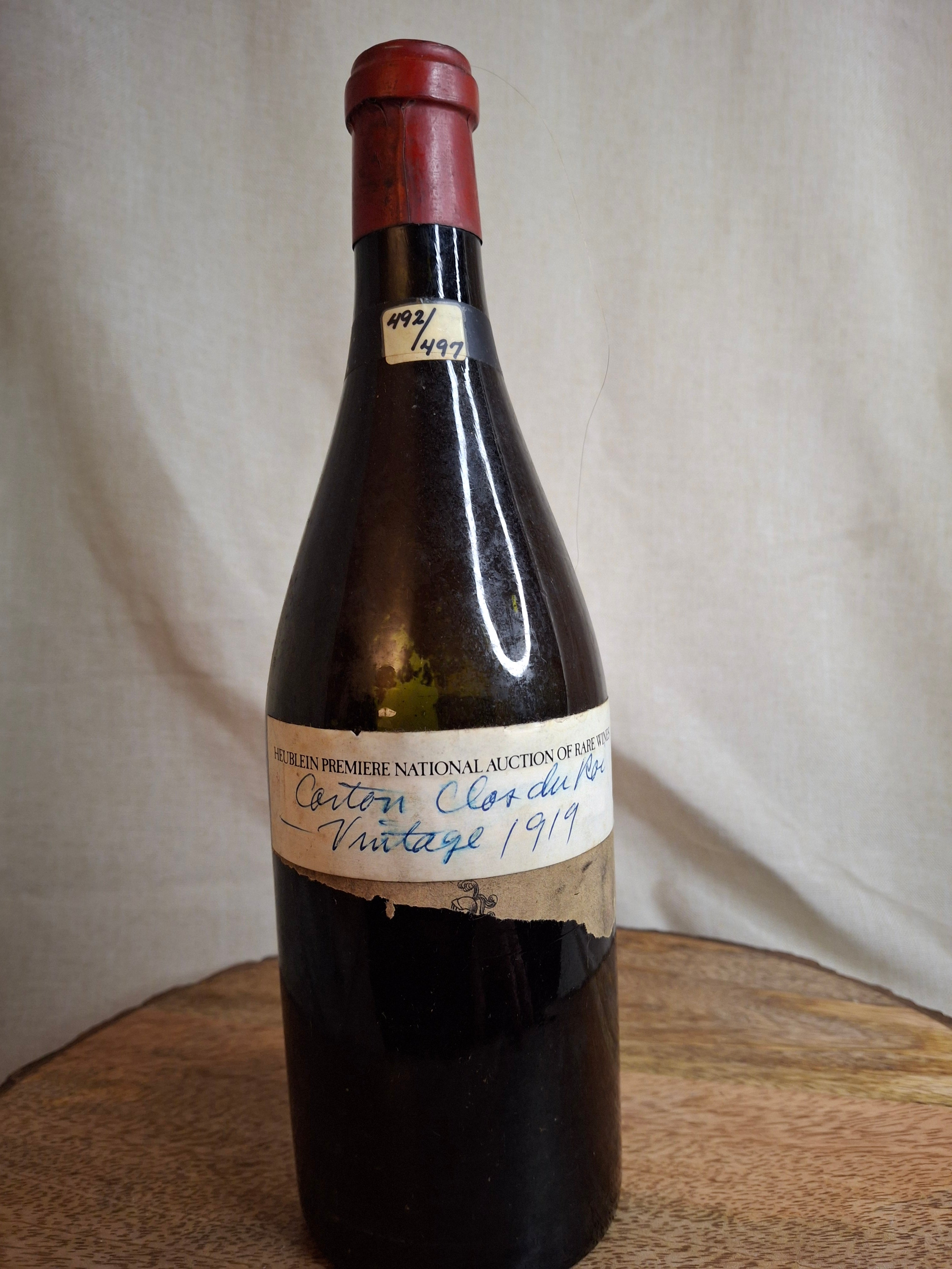 Antique 1919 Corton Clos du Roi Empty Wine Bottle Heublein Rare Wine Auction Lot