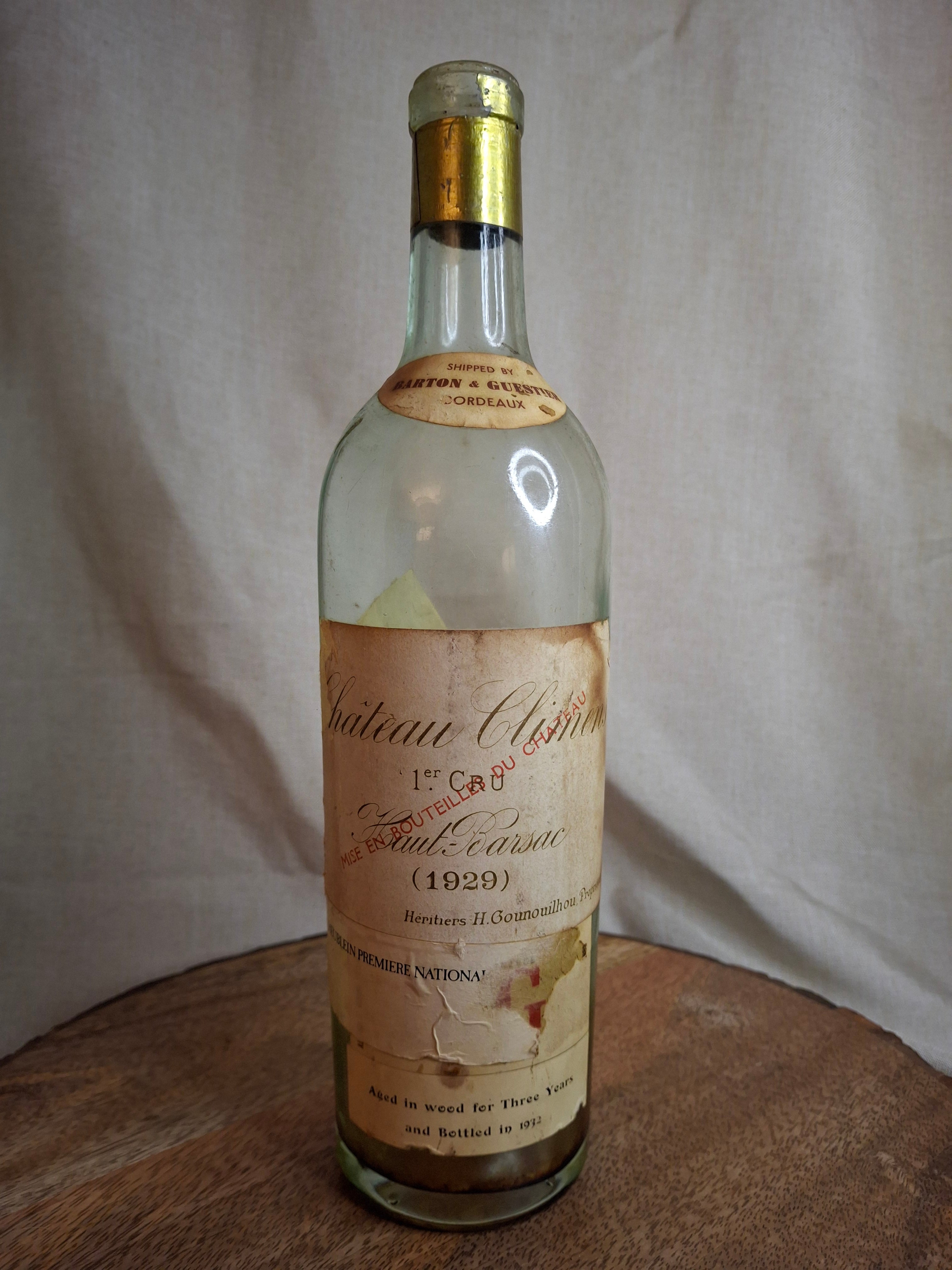 1929 Château Climens 1er Cru Haut-Barsac Empty Wine Bottle Barton Guestier Heublein Auction