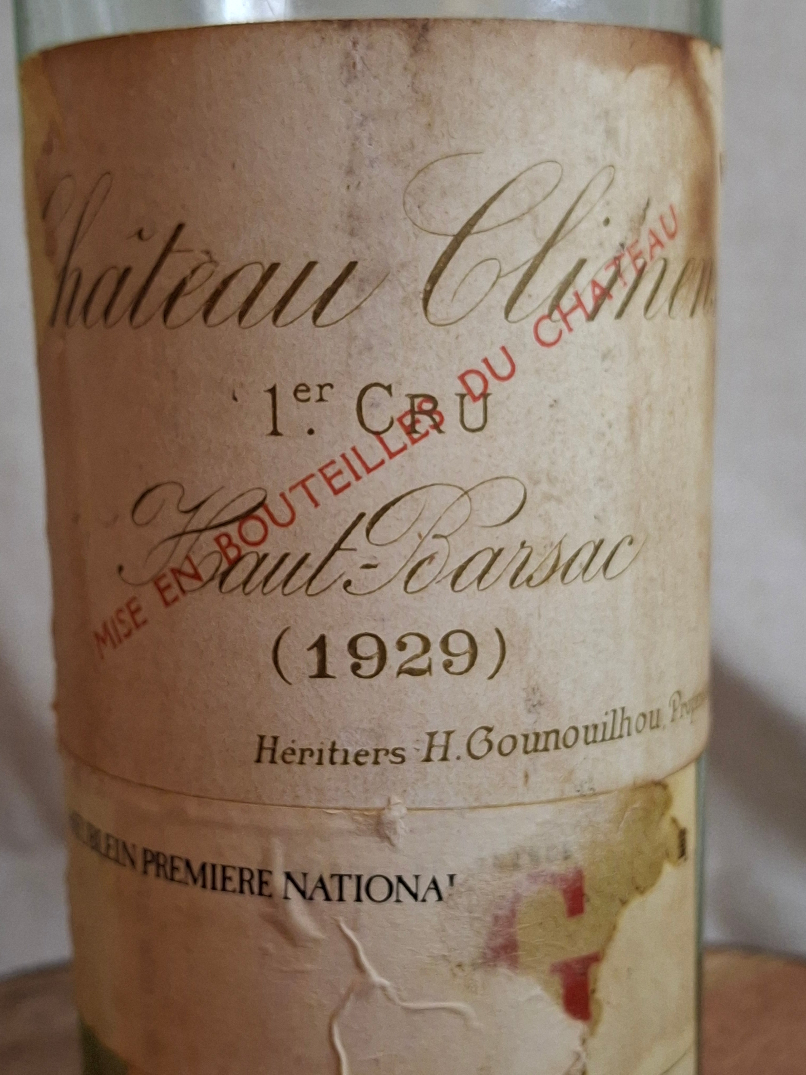 1929 Château Climens 1er Cru Haut-Barsac Empty Wine Bottle Barton Guestier Heublein Auction