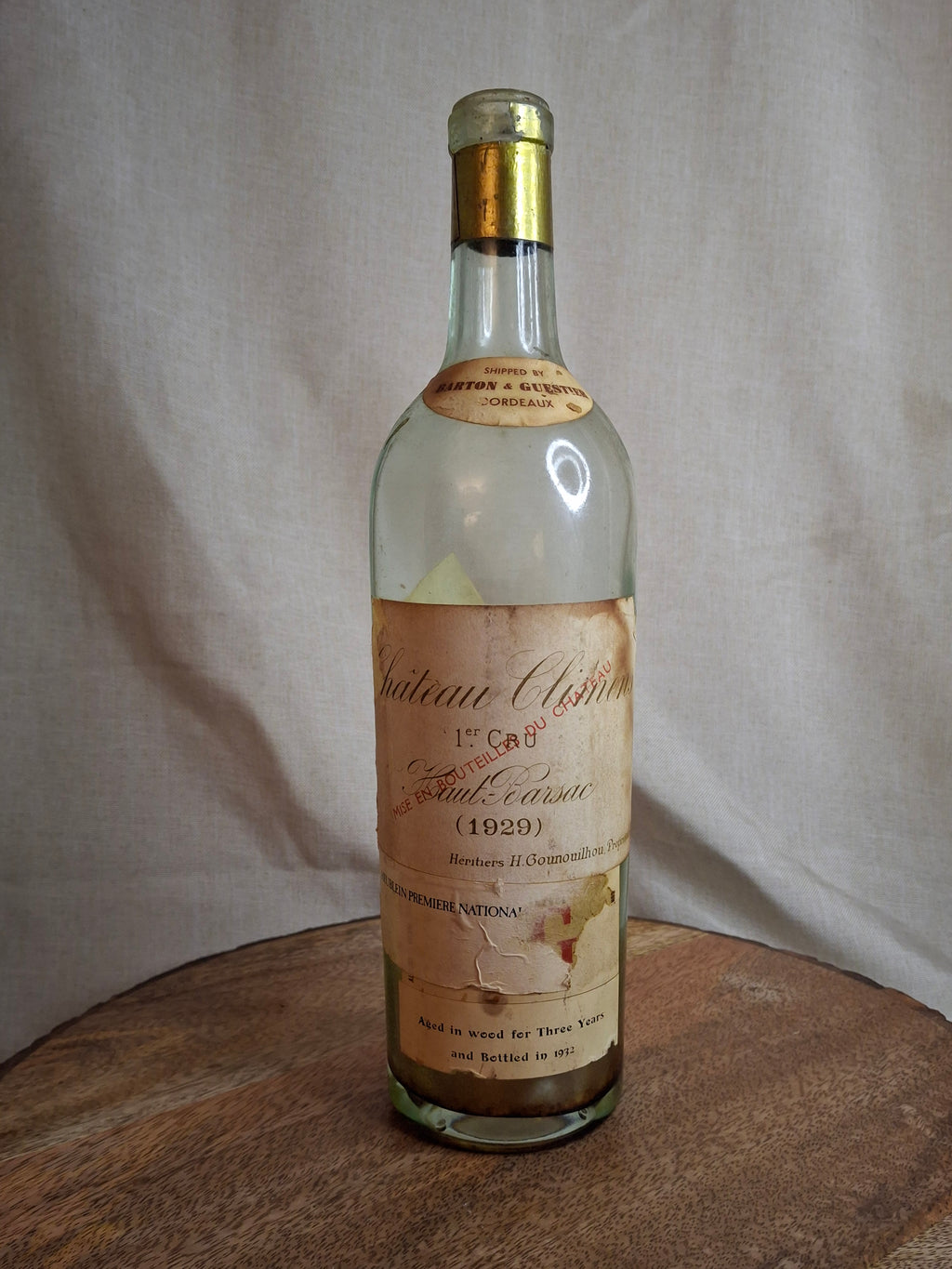1929 Château Climens 1er Cru Haut-Barsac Empty Wine Bottle Barton Guestier Heublein Auction