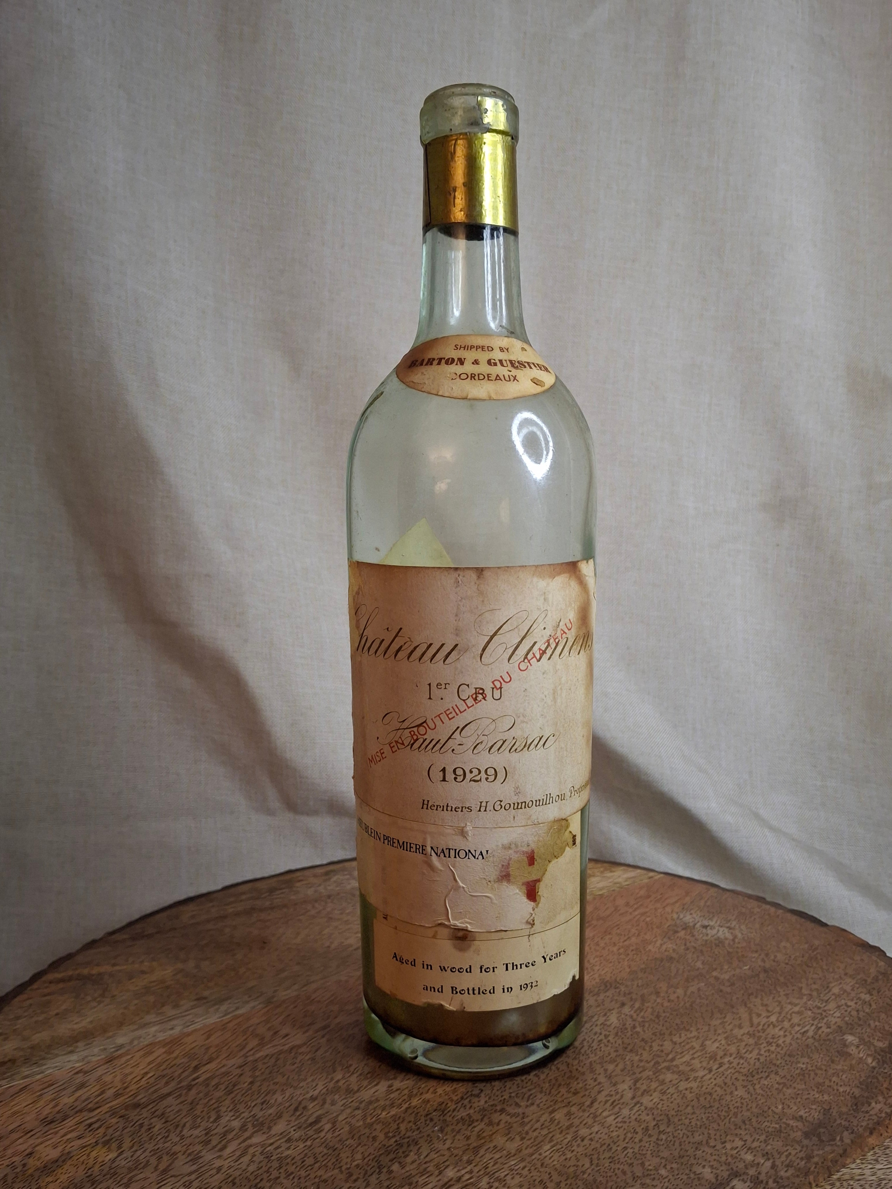 1929 Château Climens 1er Cru Haut-Barsac Empty Wine Bottle Barton Guestier Heublein Auction