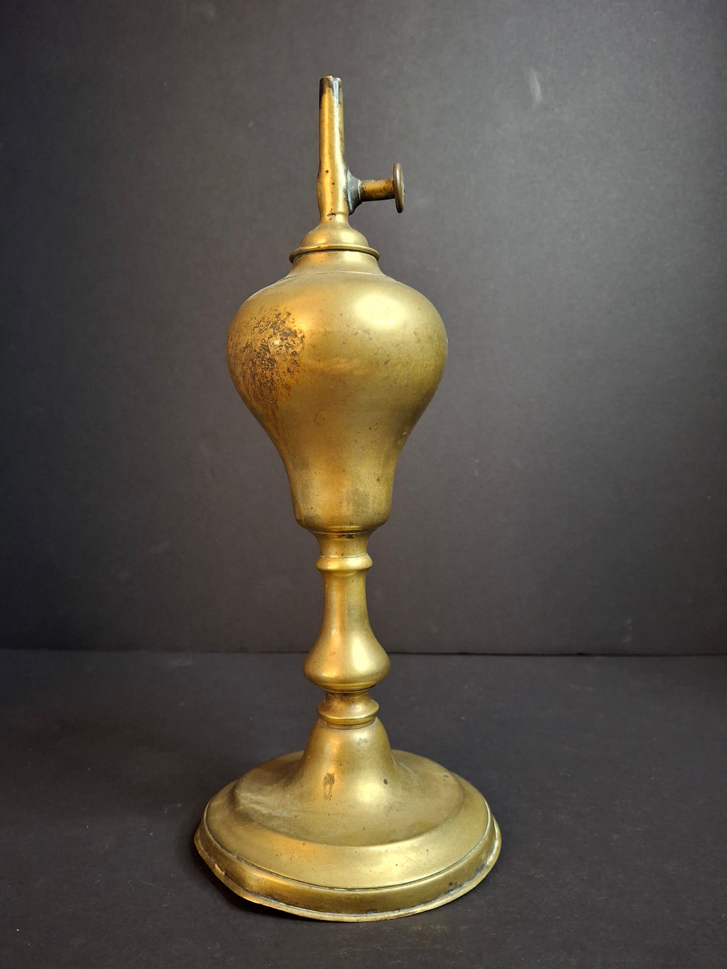 Antique c. 1850 Brass Whale Oil Standard Lamp, Single Wick Burner, 10.5"