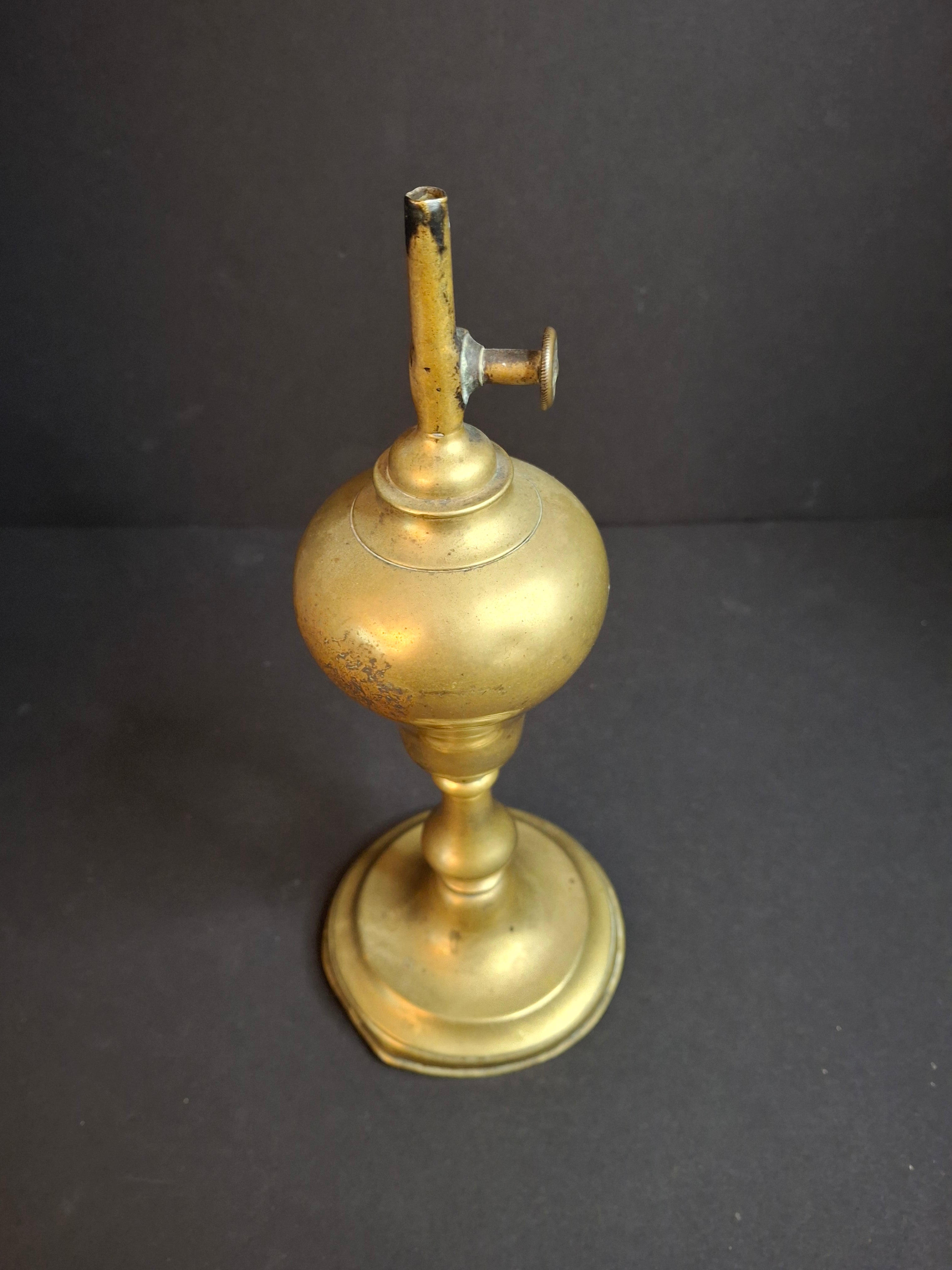 Antique c. 1850 Brass Whale Oil Standard Lamp, Single Wick Burner, 10.5"