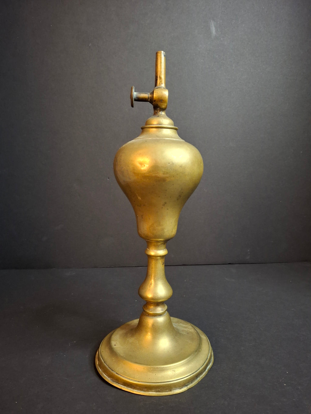 Antique c. 1850 Brass Whale Oil Standard Lamp, Single Wick Burner, 10.5"