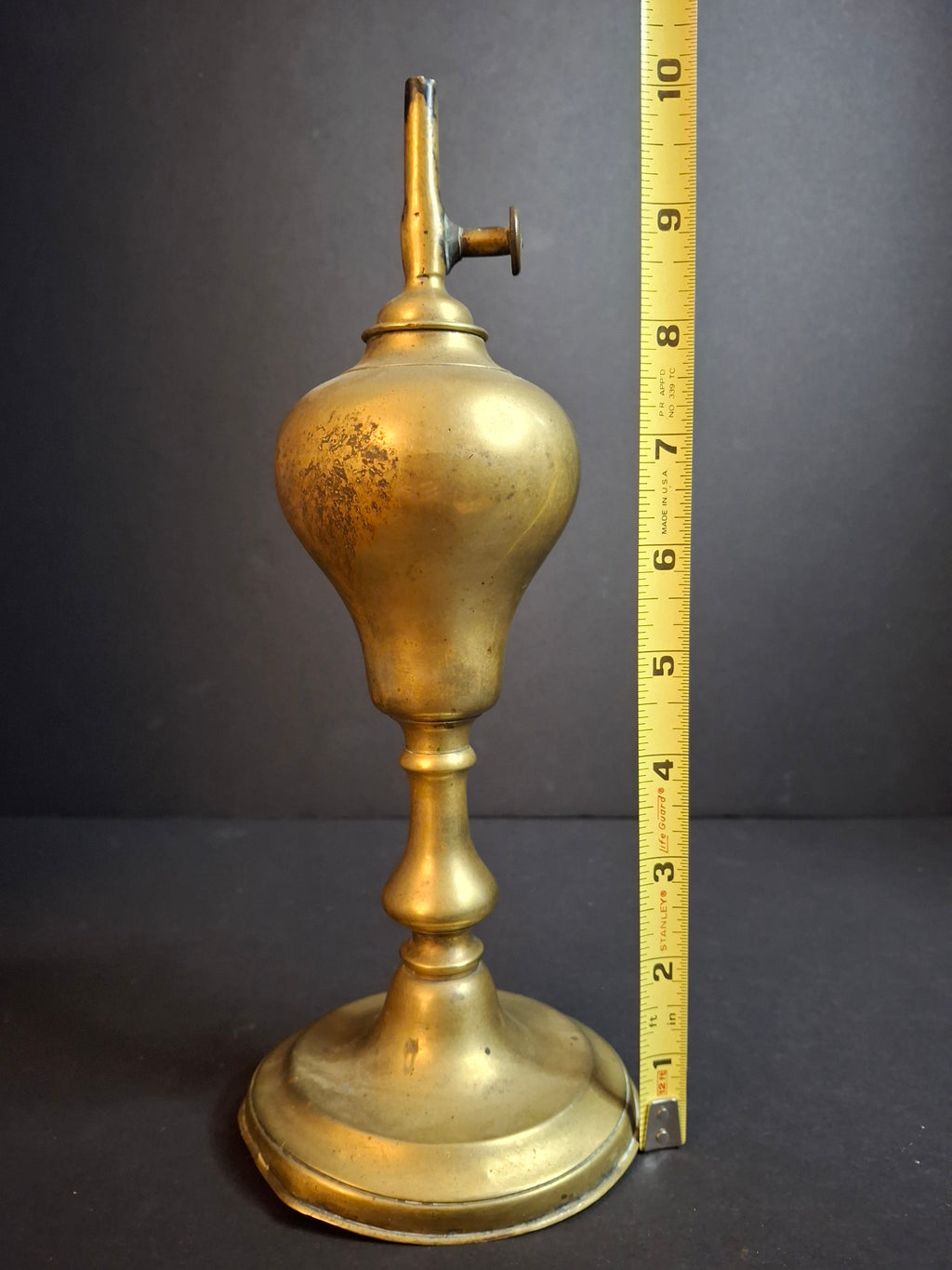 Antique c. 1850 Brass Whale Oil Standard Lamp, Single Wick Burner, 10.5"