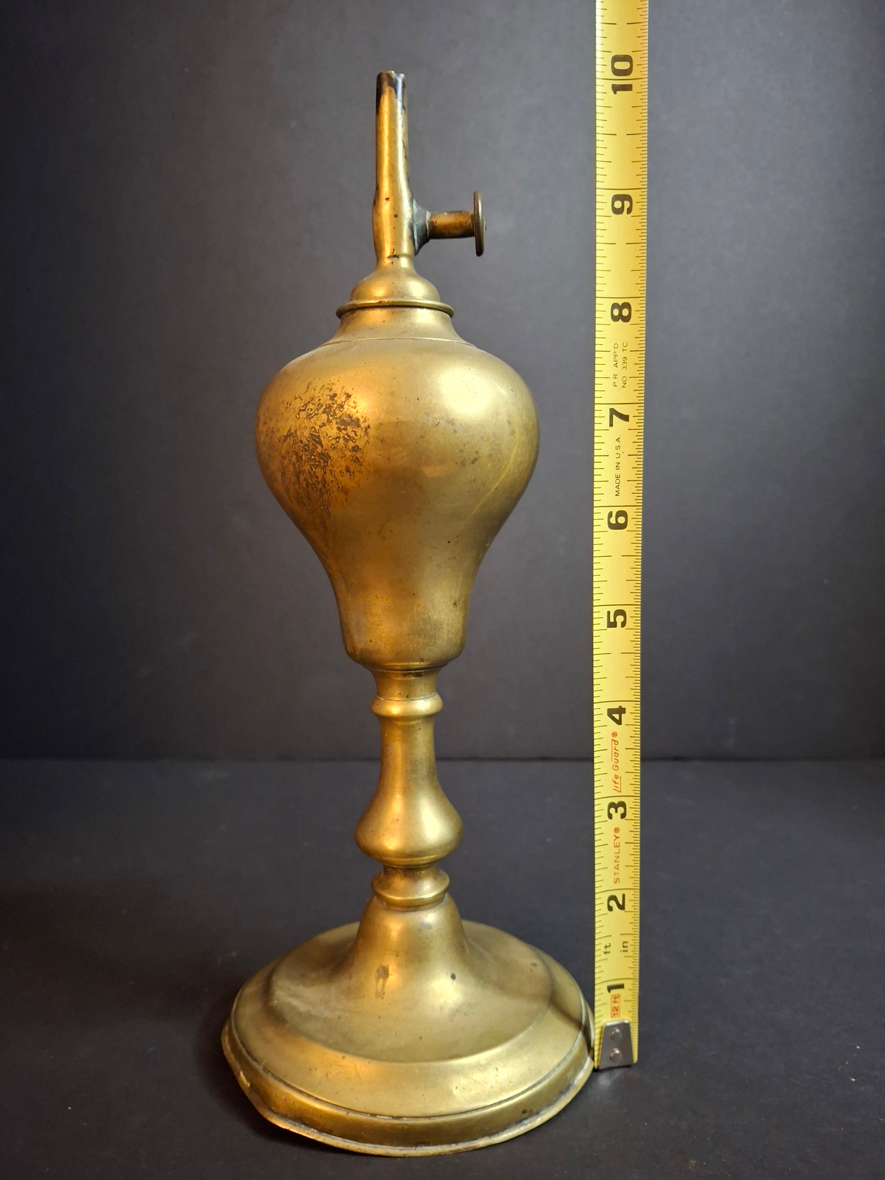 Antique c. 1850 Brass Whale Oil Standard Lamp, Single Wick Burner, 10.5"