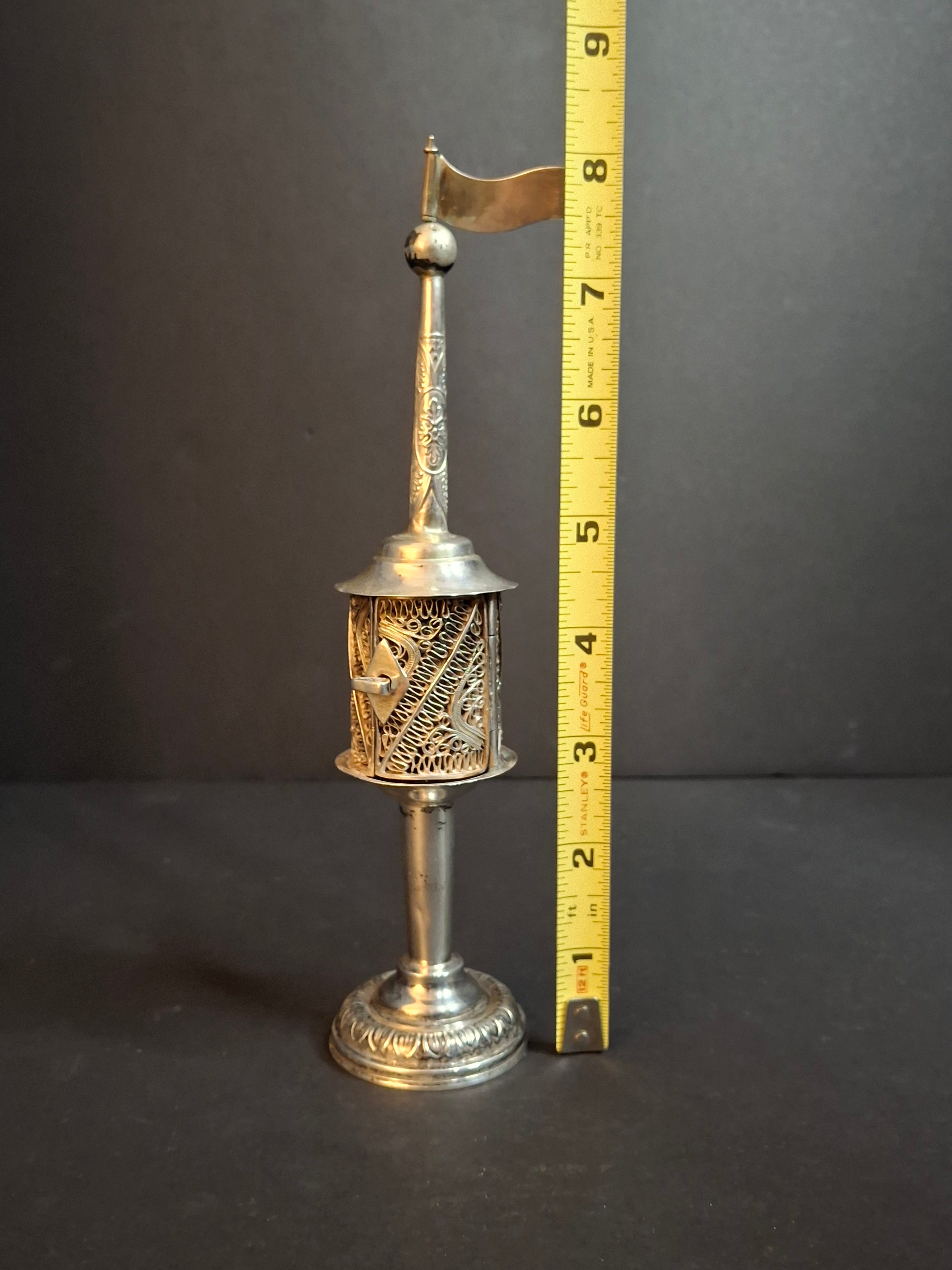 Antique 800 Silver Filigree Besamim Spice Tower Havdalah Judaica Tower Flag 86g