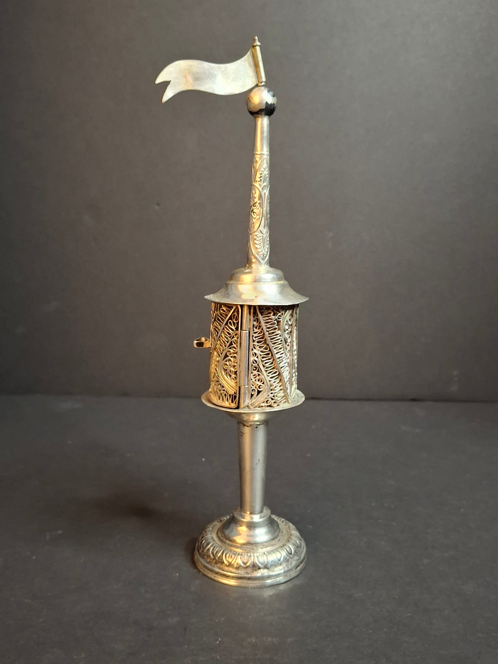 Antique 800 Silver Filigree Besamim Spice Tower Havdalah Judaica Tower Flag 86g