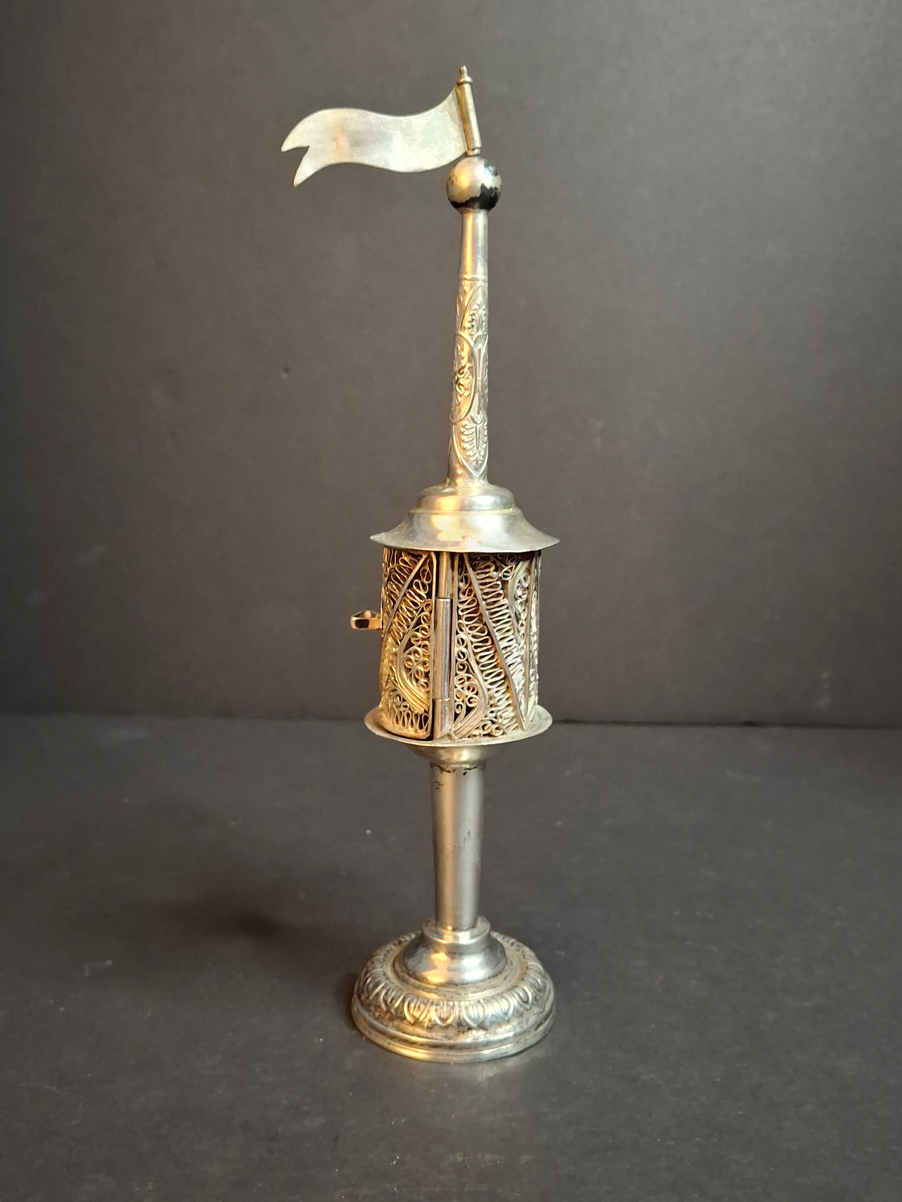 Antique 800 Silver Filigree Besamim Spice Tower Havdalah Judaica Tower Flag 86g
