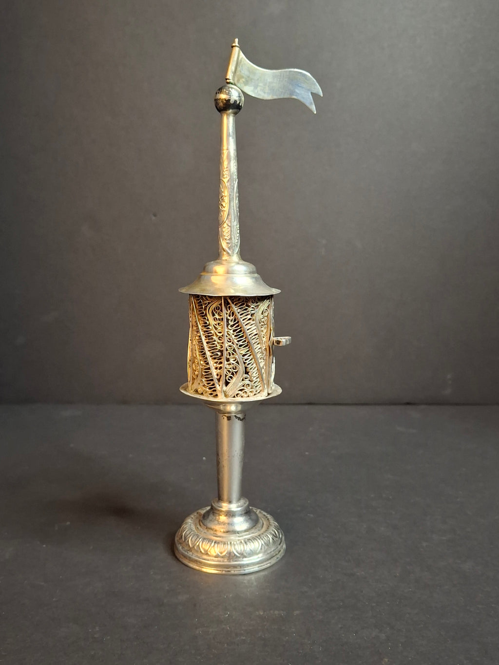 Antique 800 Silver Filigree Besamim Spice Tower Havdalah Judaica Tower Flag 86g