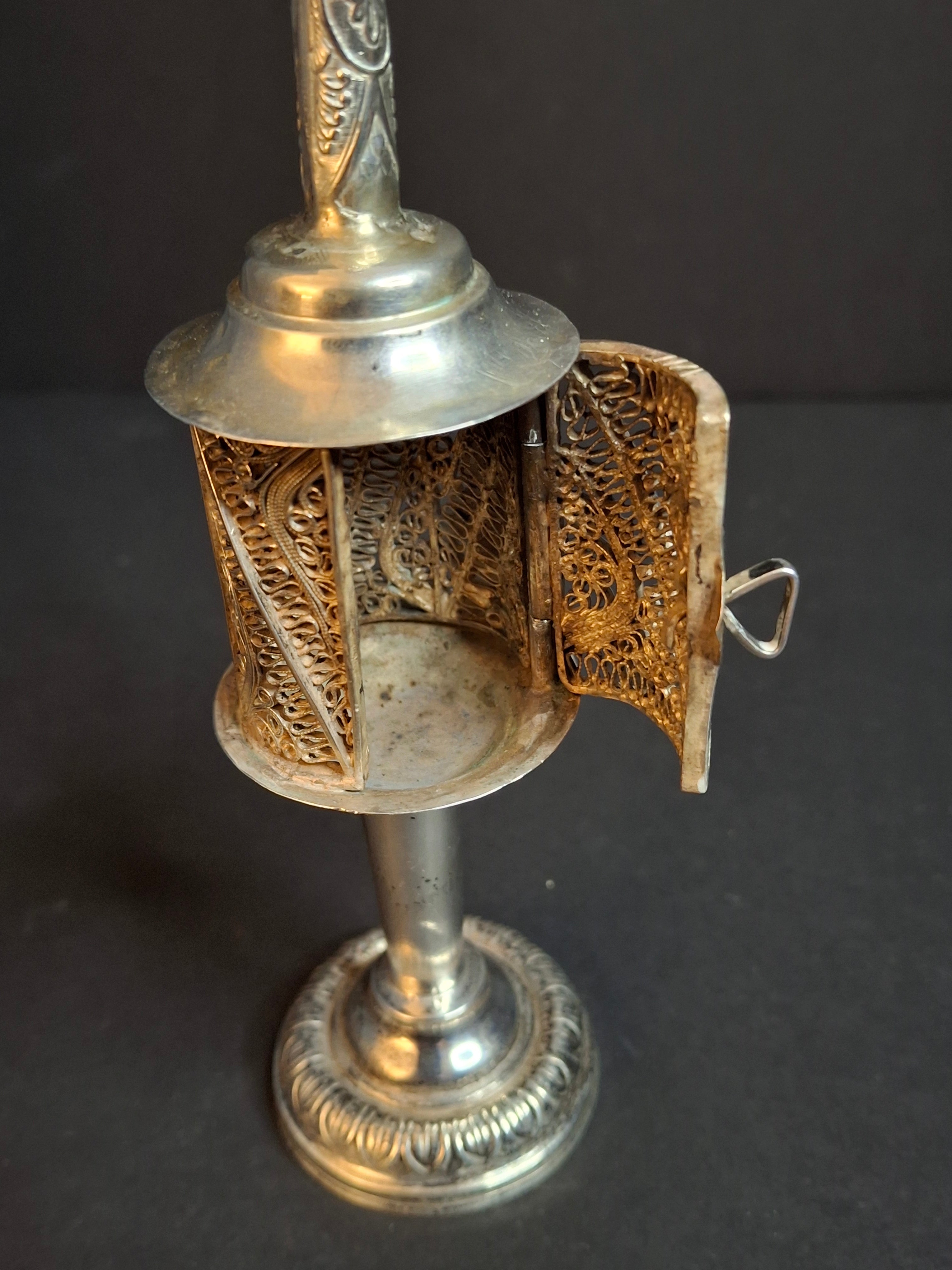 Antique 800 Silver Filigree Besamim Spice Tower Havdalah Judaica Tower Flag 86g
