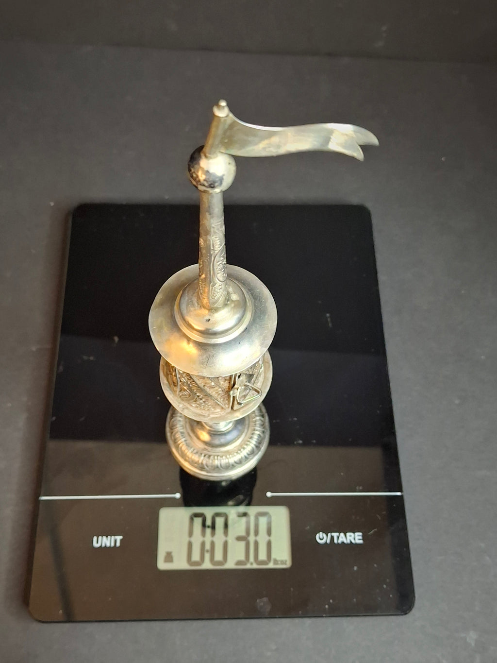 Antique 800 Silver Filigree Besamim Spice Tower Havdalah Judaica Tower Flag 86g