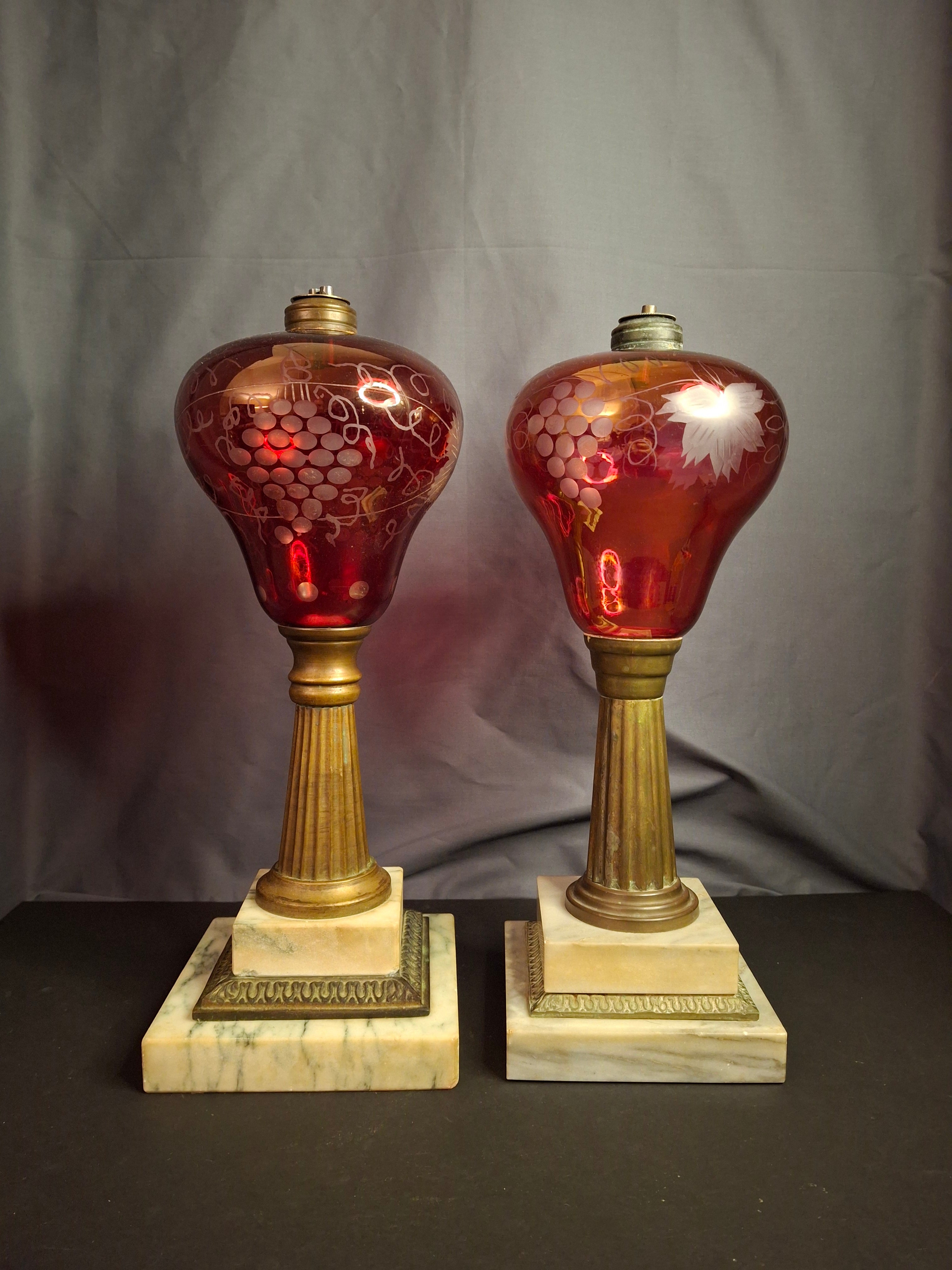 Pair Antique Victorian Cranberry Cut To Clear Whale Oil Lamps Brass Thuro 1850s