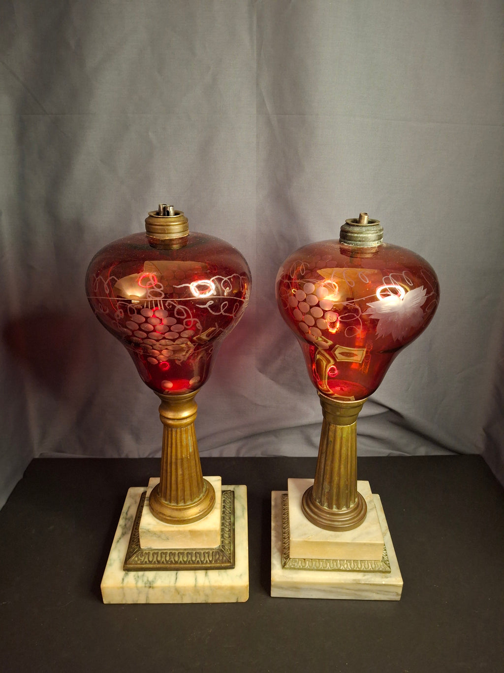 Pair Antique Victorian Cranberry Cut To Clear Whale Oil Lamps Brass Thuro 1850s