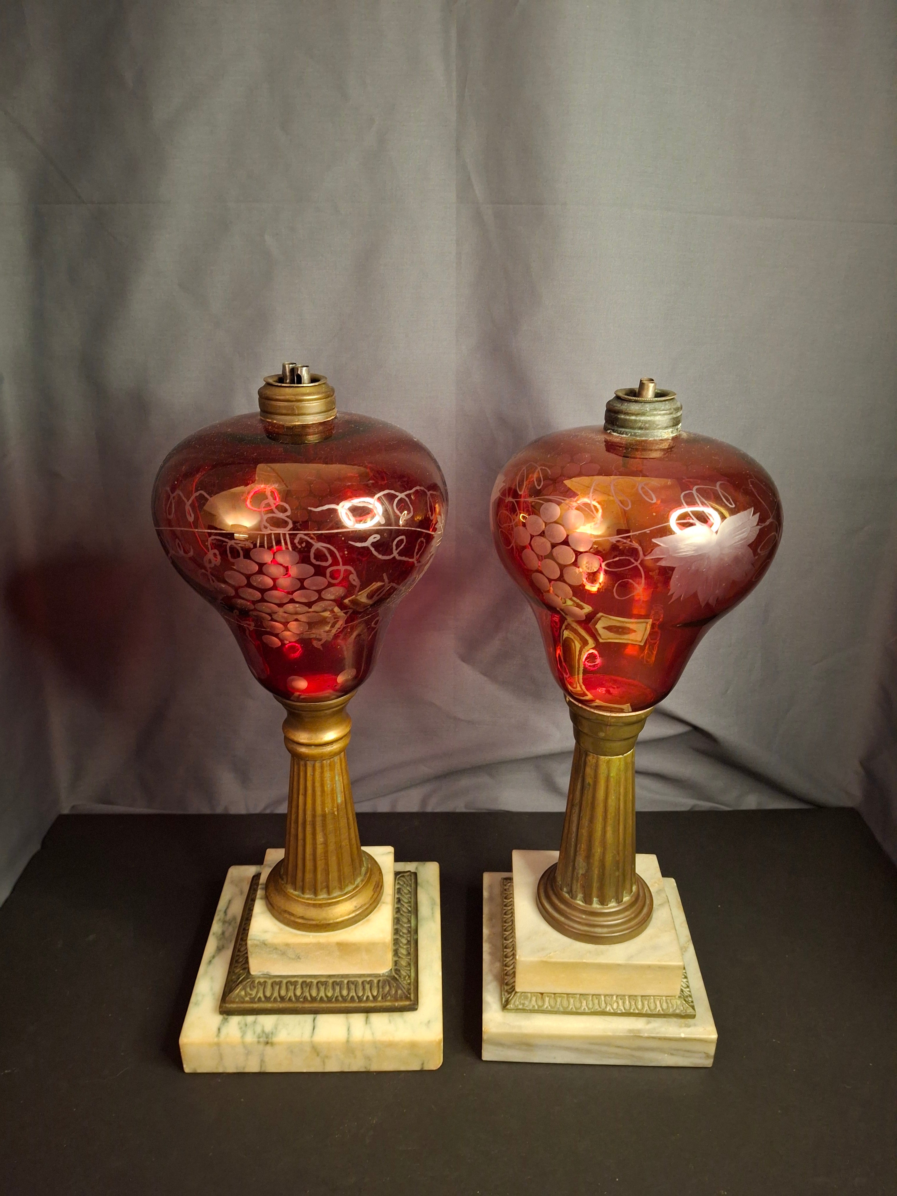 Pair Antique Victorian Cranberry Cut To Clear Whale Oil Lamps Brass Thuro 1850s
