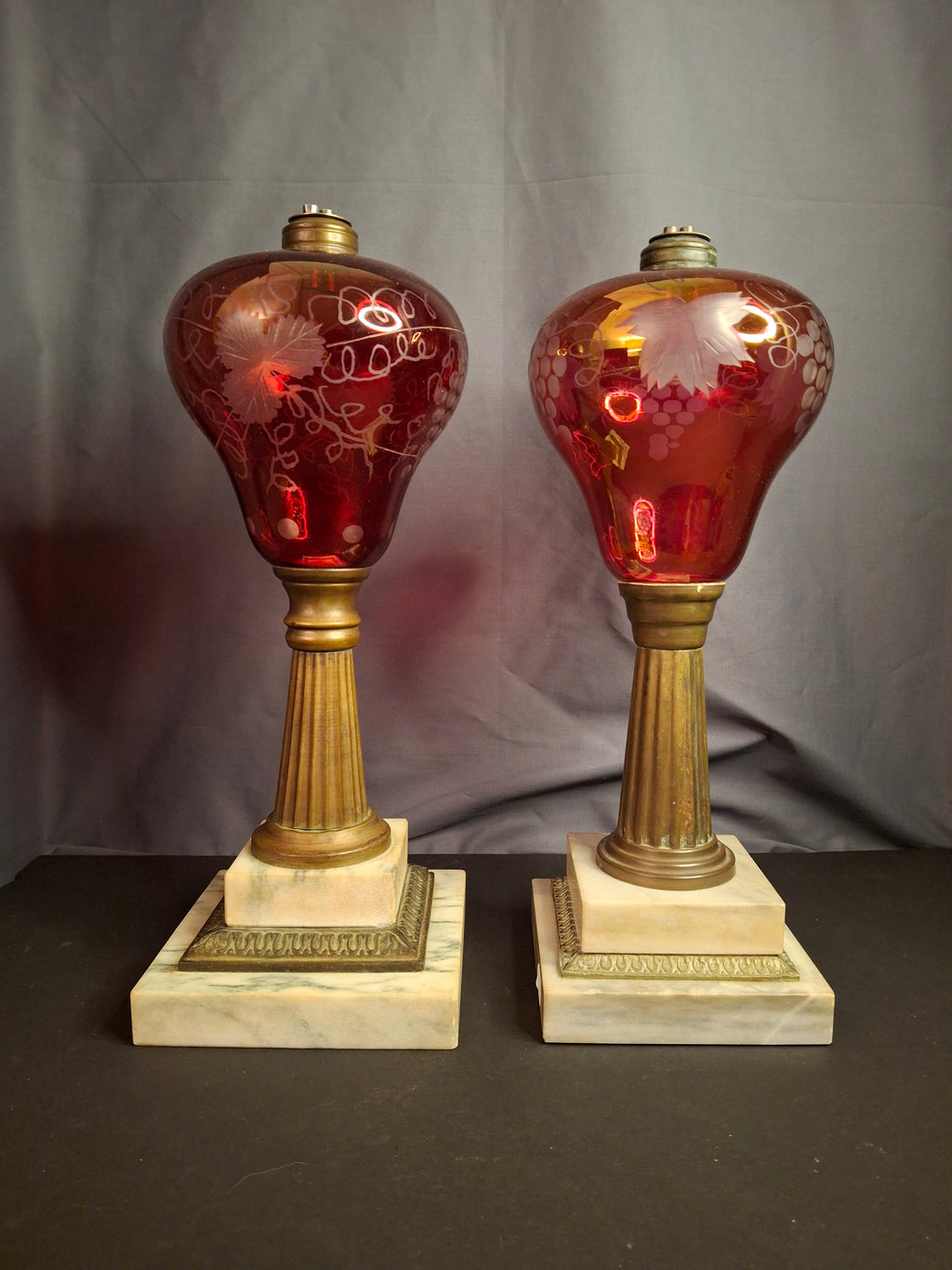 Pair Antique Victorian Cranberry Cut To Clear Whale Oil Lamps Brass Thuro 1850s