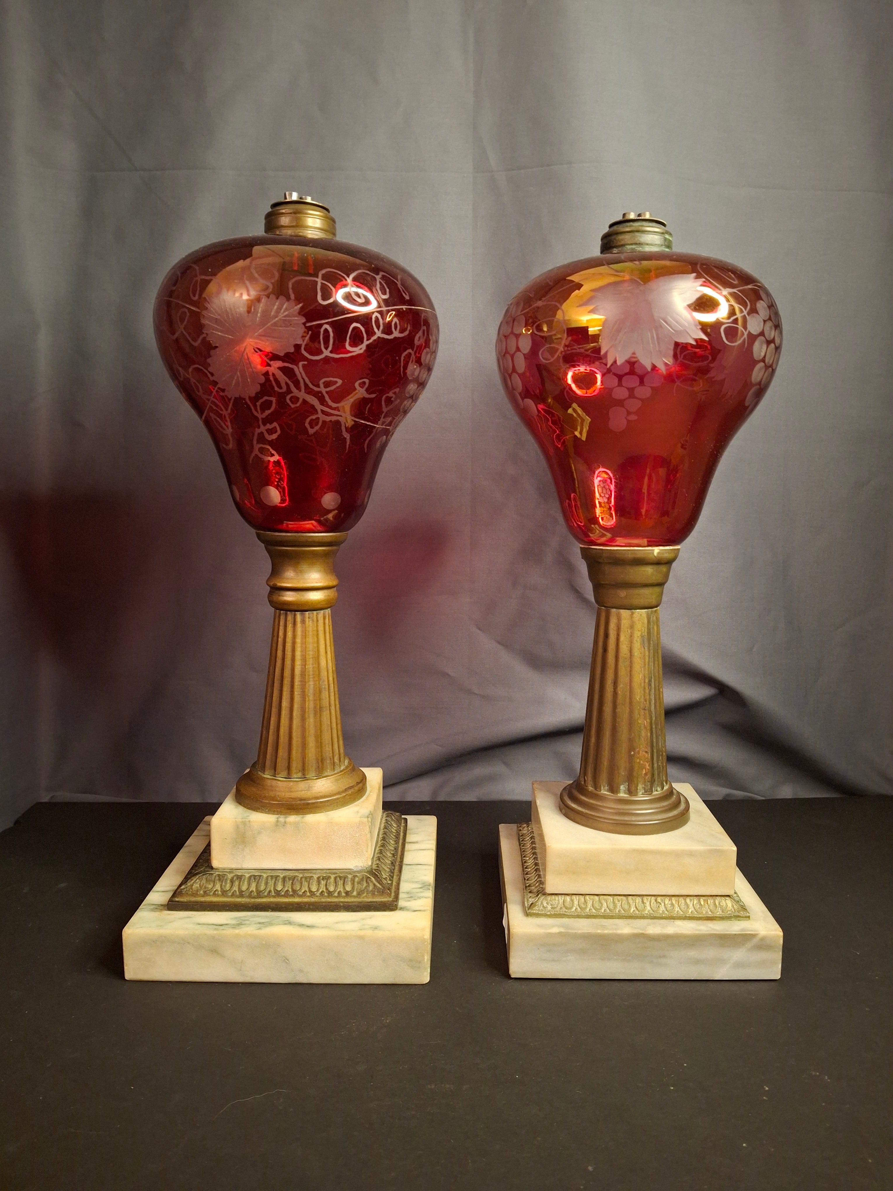 Pair Antique Victorian Cranberry Cut To Clear Whale Oil Lamps Brass Thuro 1850s