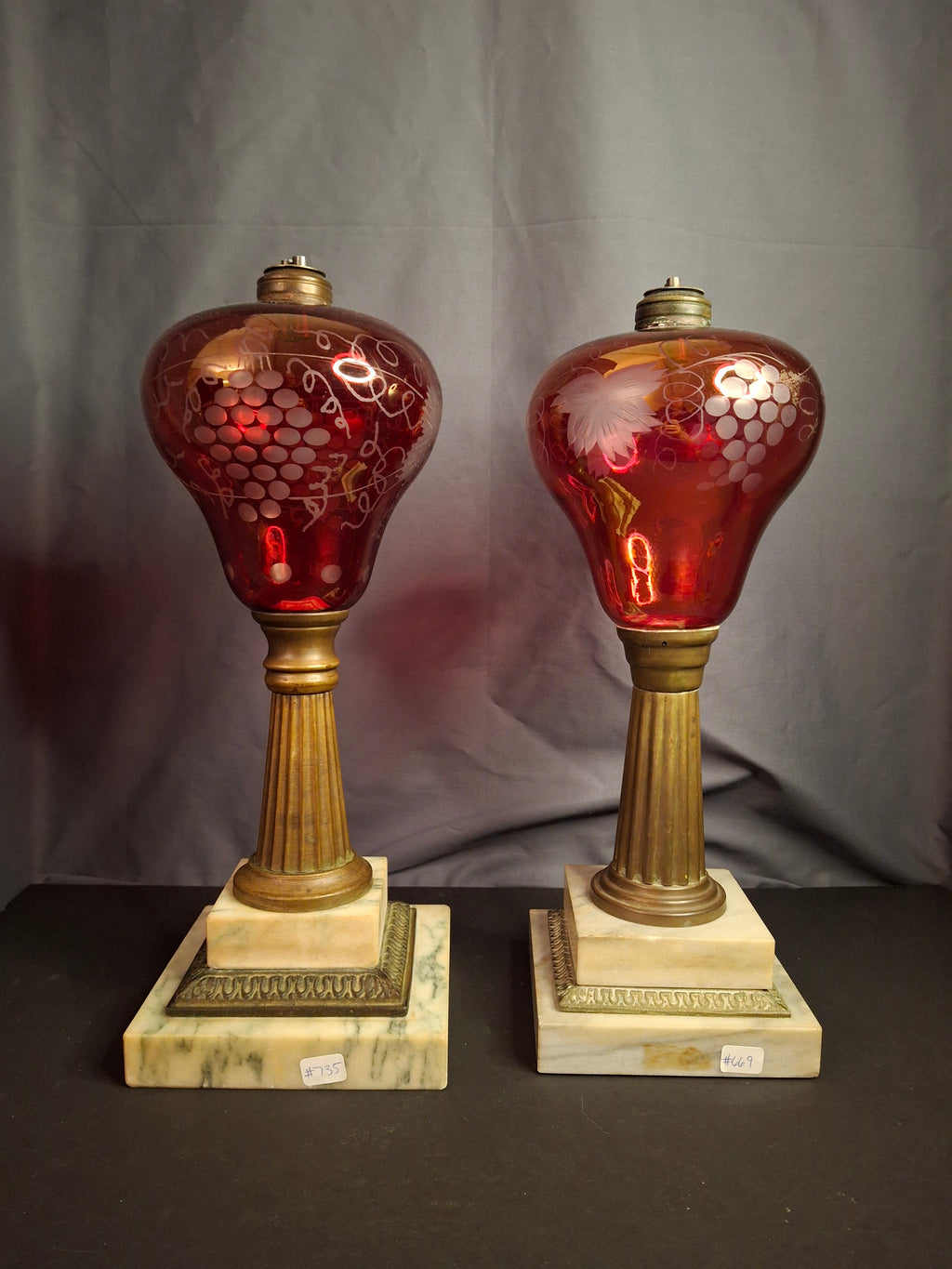 Pair Antique Victorian Cranberry Cut To Clear Whale Oil Lamps Brass Thuro 1850s