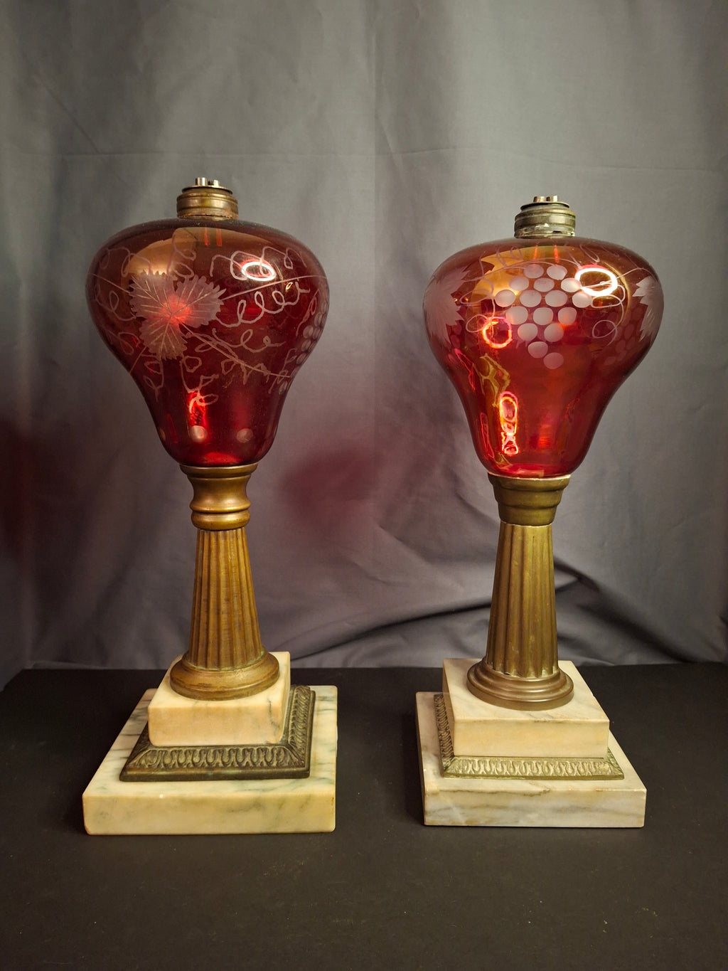 Pair Antique Victorian Cranberry Cut To Clear Whale Oil Lamps Brass Thuro 1850s