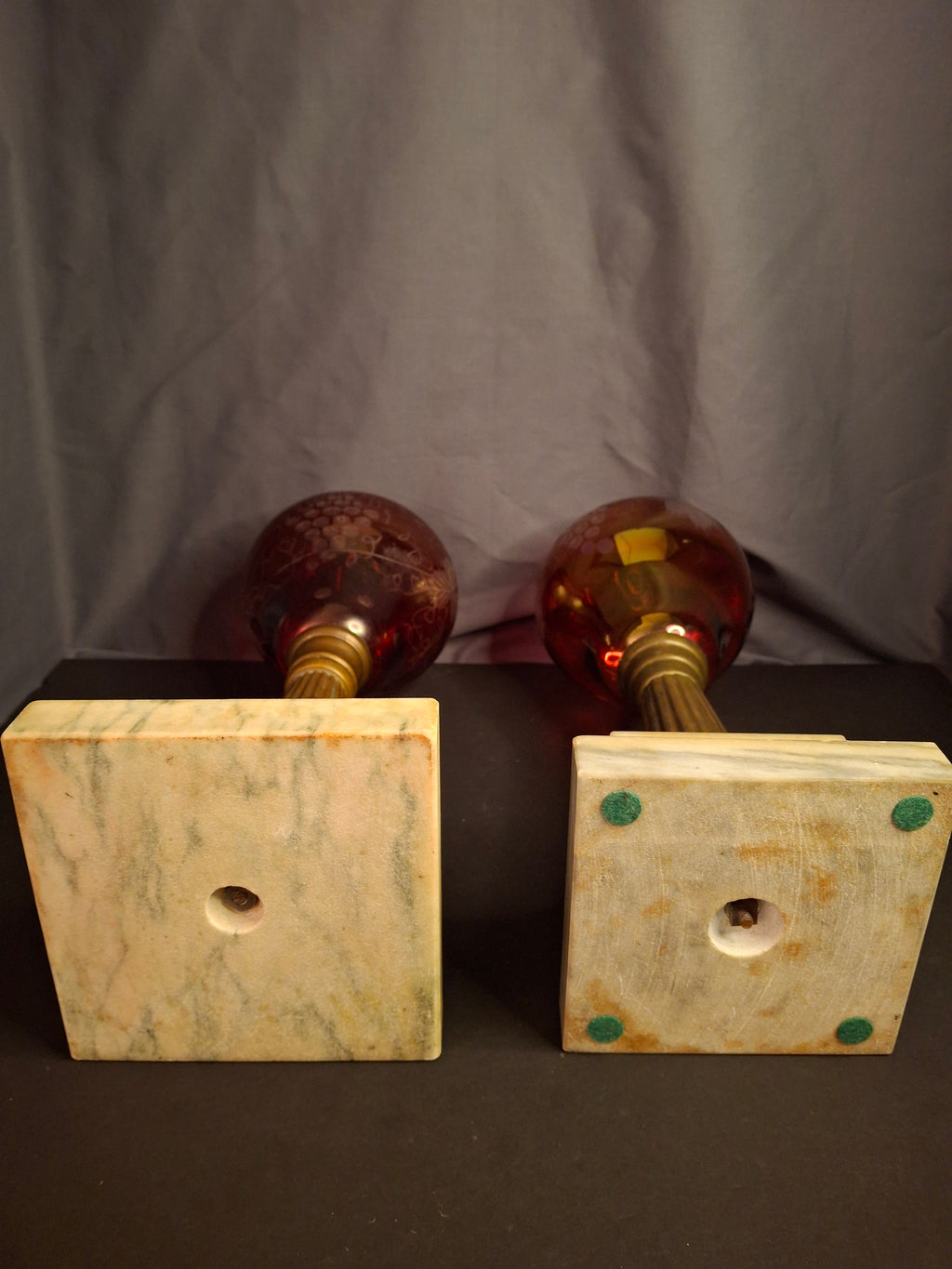 Pair Antique Victorian Cranberry Cut To Clear Whale Oil Lamps Brass Thuro 1850s